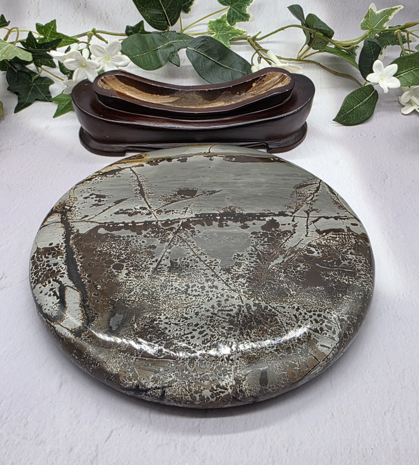 Large Round Picture Jasper Scenic Display Plaque with Wood Stand 5 Pounds +