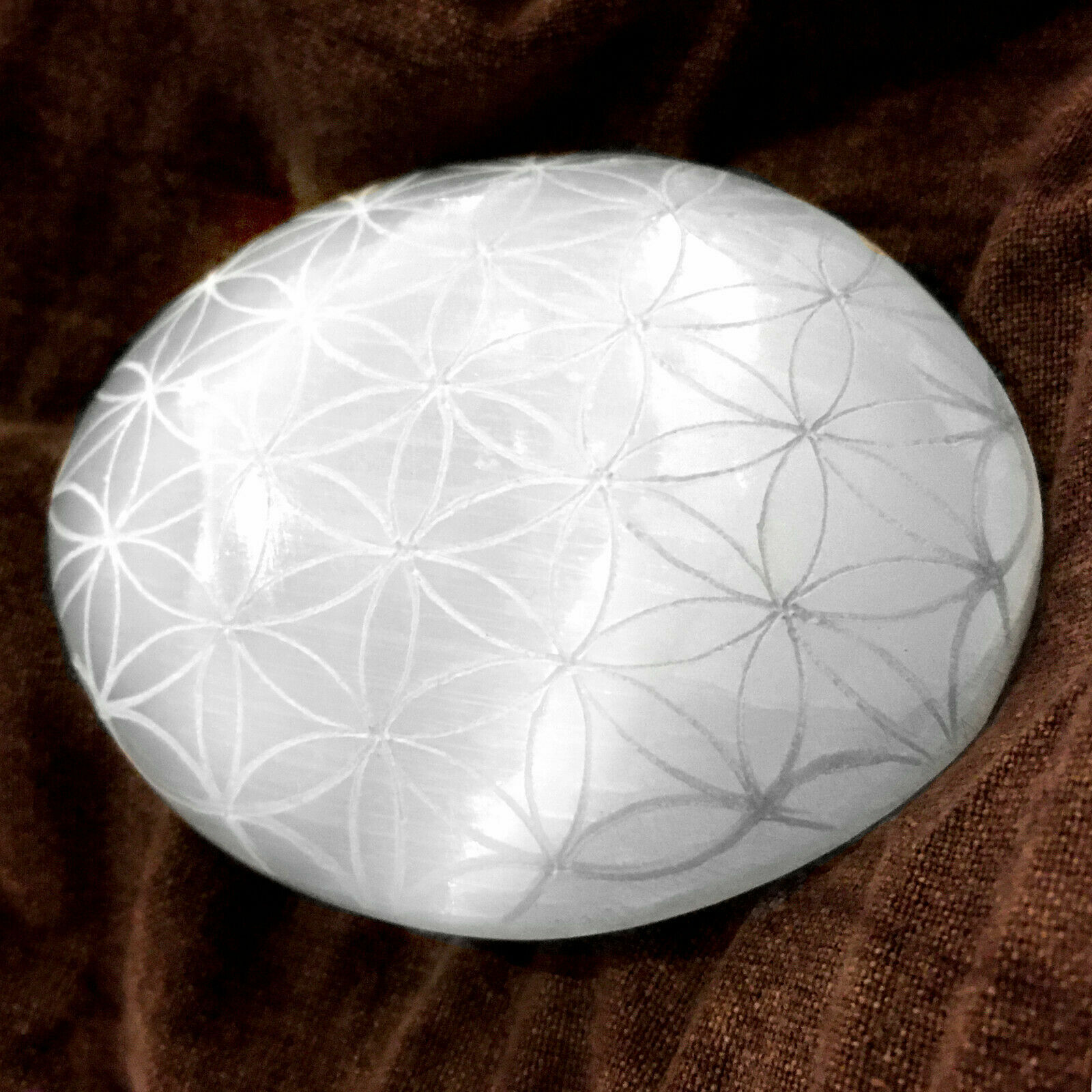 Selenite Palm Stone Etched Flower of Life Crystal Sacred Geometry Worry Stone He