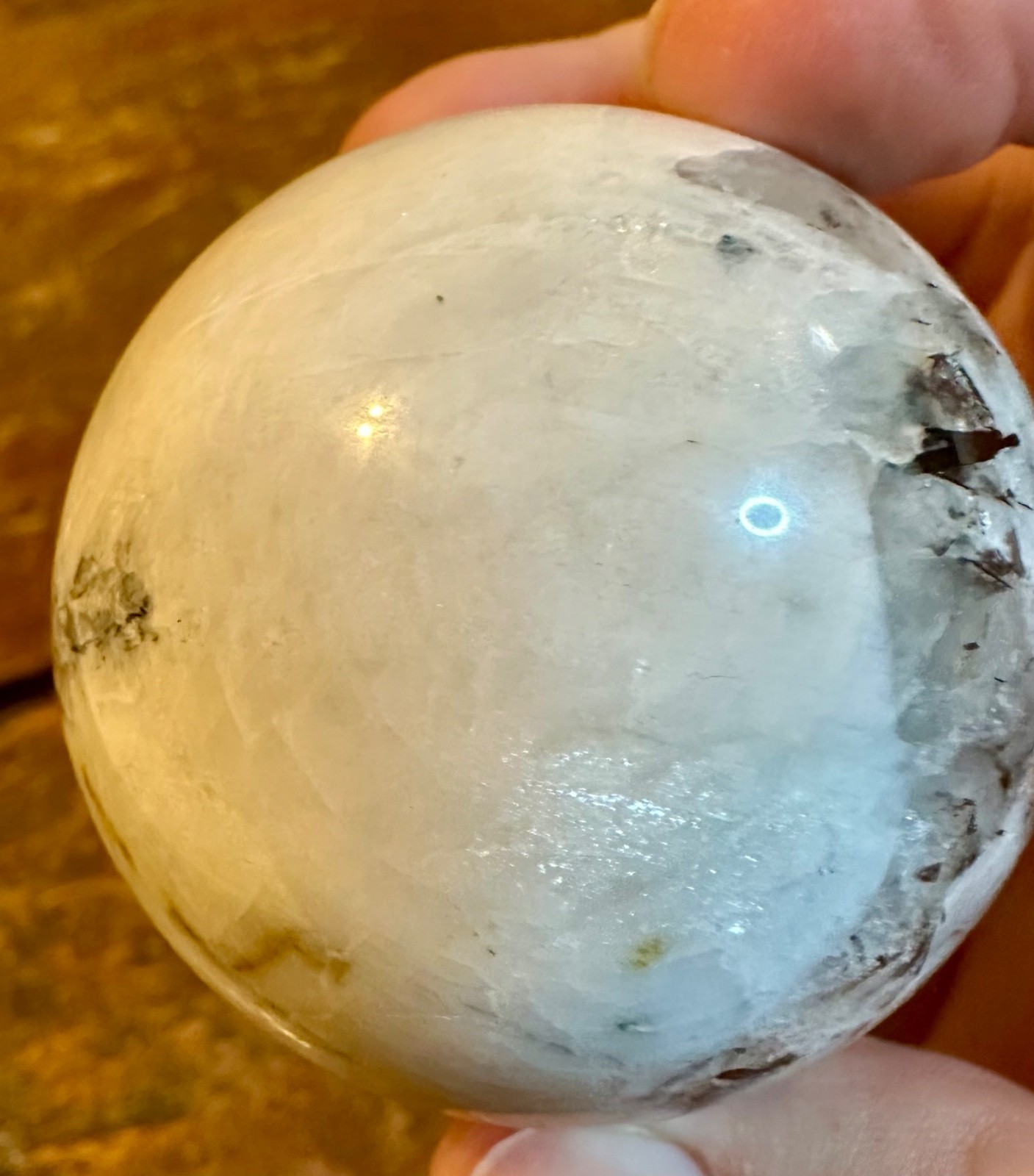 Moonstone sphere with tourmaline inclusions and metal horse stand Free shipping