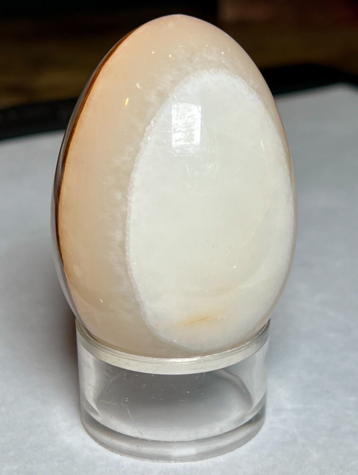 Vintage Natural Gemstone Onyx Agate Carved Polished Stone Egg Plastic Base Stand
