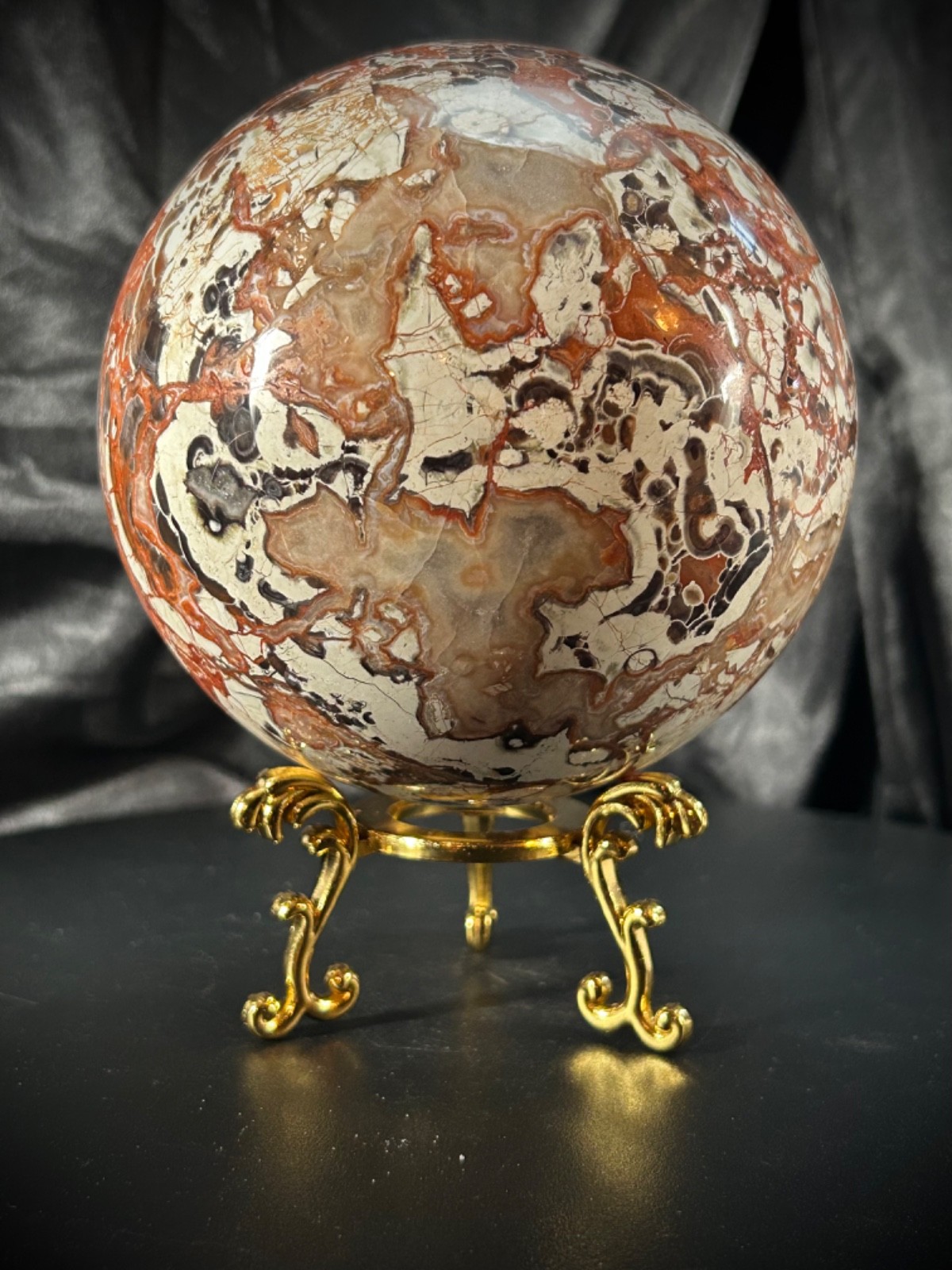 4.36″ Big Money Agate Sphere With Metal Stand 3lb 14.7oz (1777 grams)