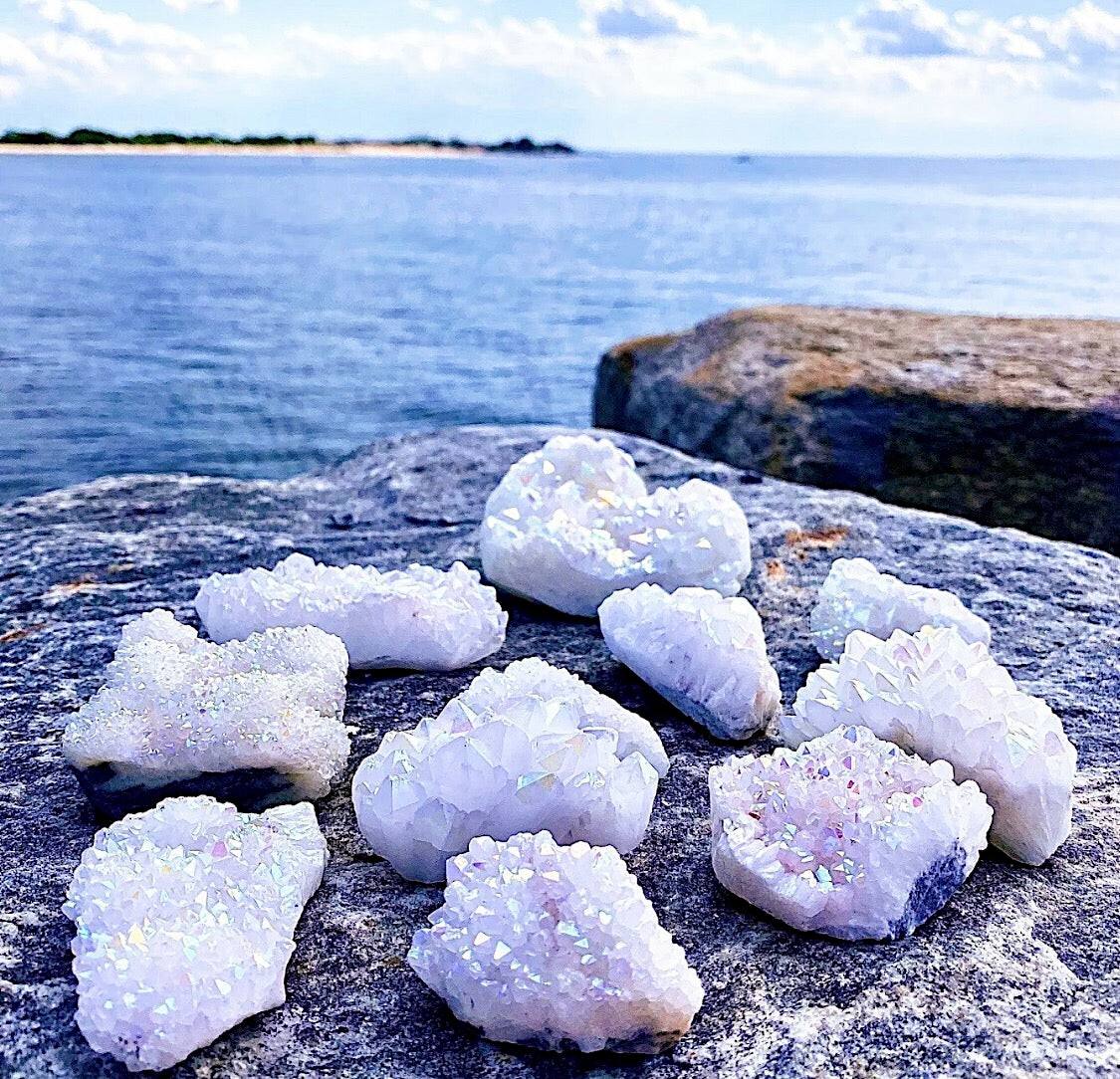 Natural Rainbow Angel Aura Quartz Cluster Titanium Geode Crystal Specimen Gift