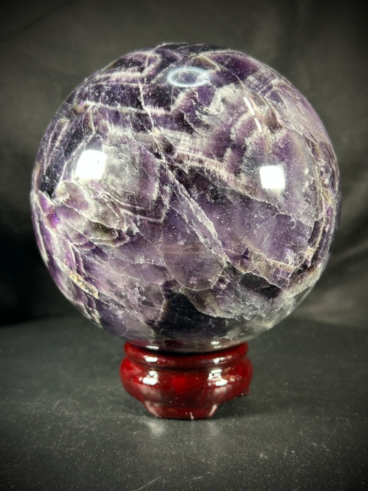 4.56″ Chevron (Dream) Amethyst Sphere With Wood Stand 5lb 3.1oz (2.355 kg)