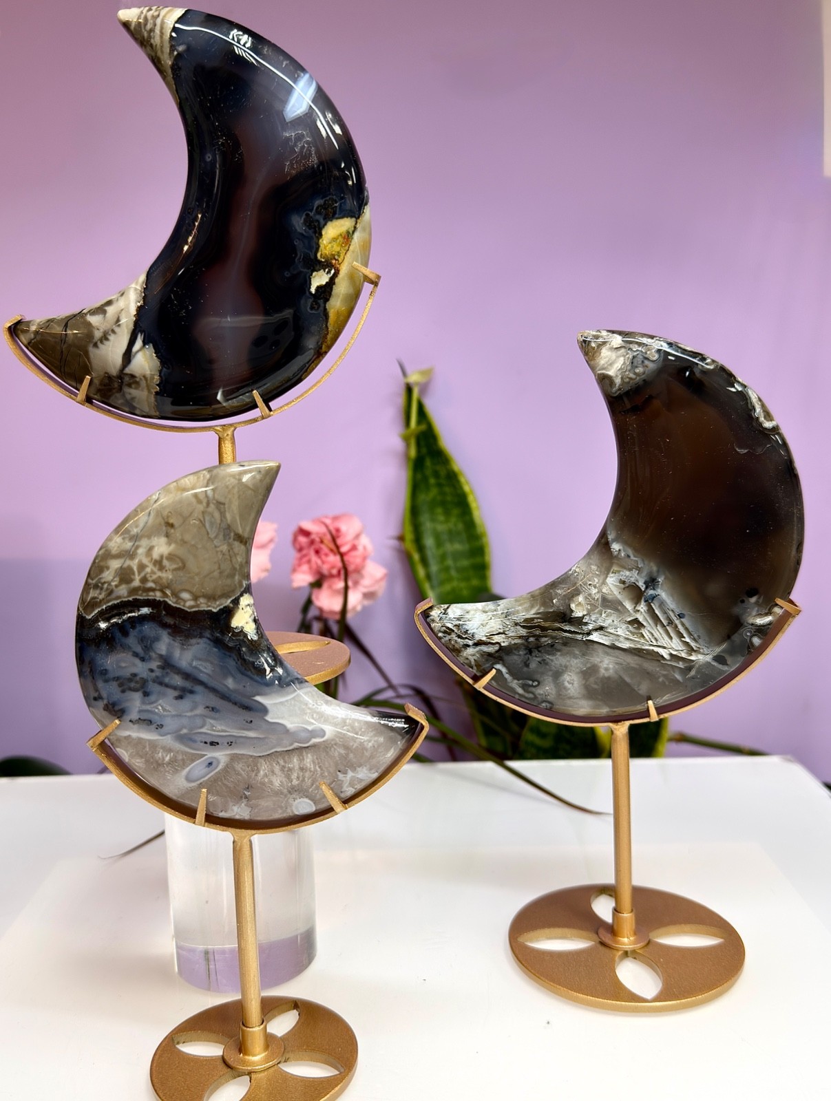 Wholesale Lot 3 Pcs Natural Volcano Agate Moon W/ stand Healing