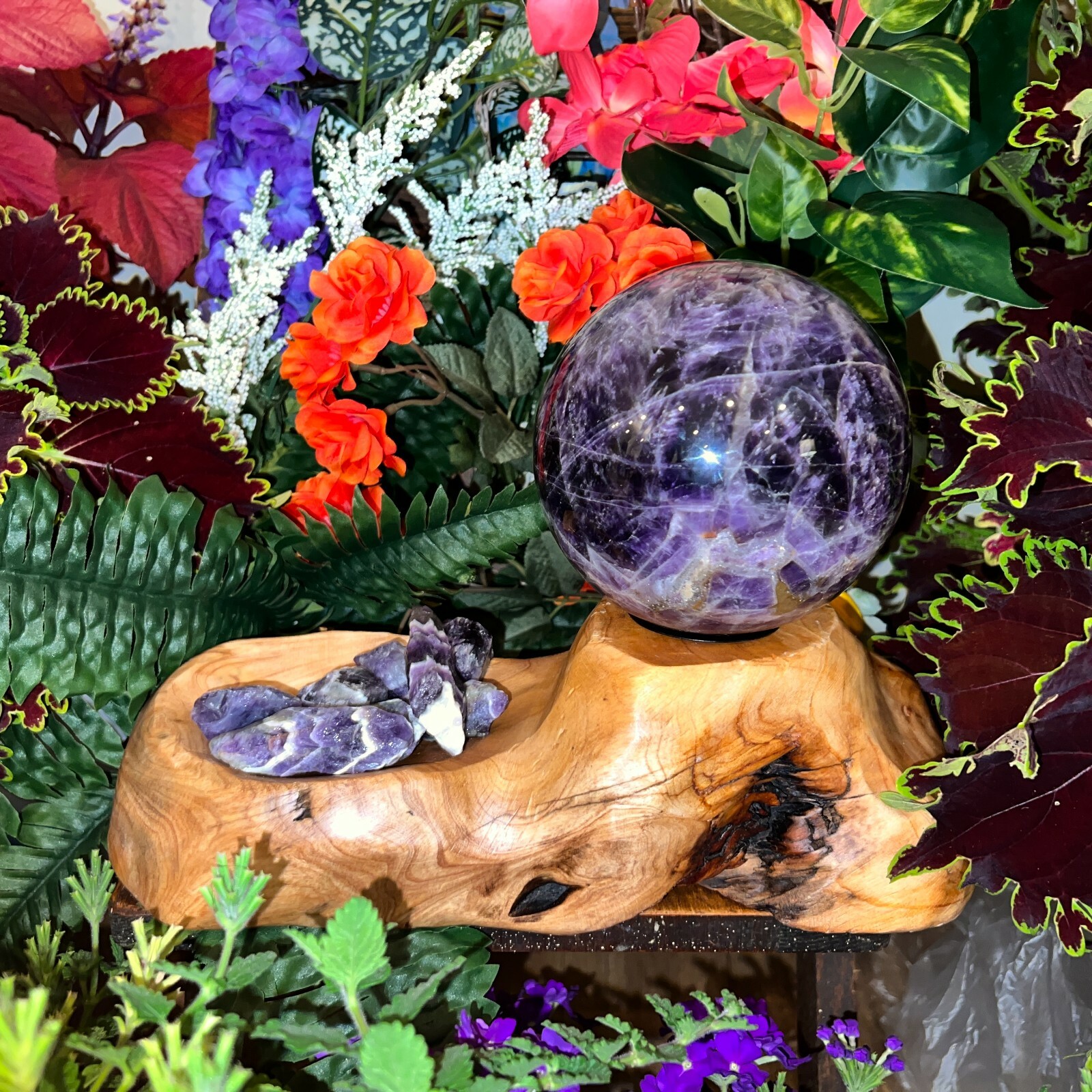 BEAUTIFUL 5+ lbs AURALITE 23 Sphere + Teak Wood Base + 1/2 lb Auralite Rough-A22