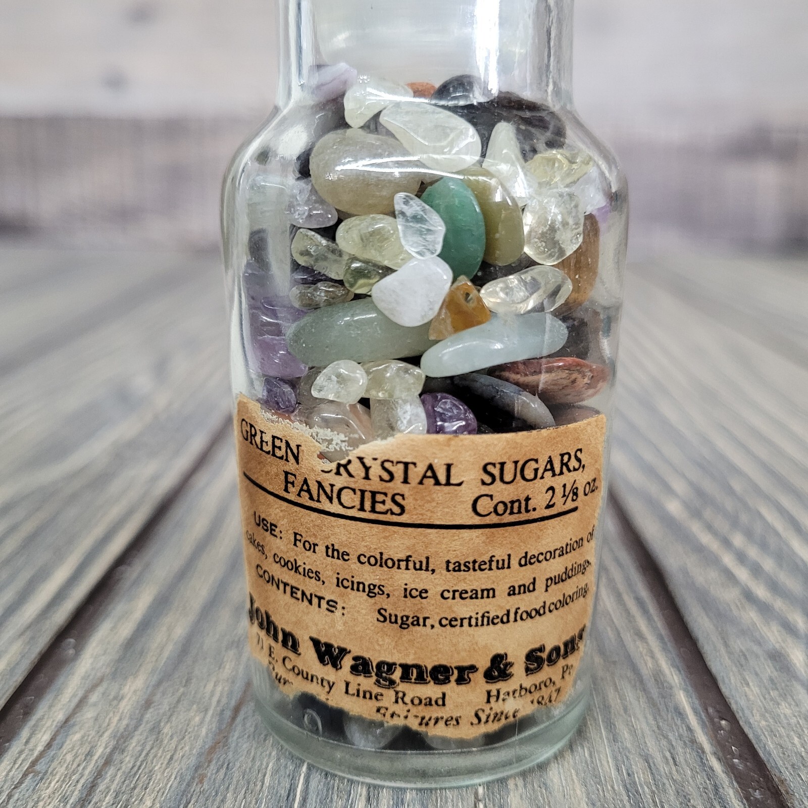 4oz Crystal Tumbles in Apothecary Vintage Glass Jar “Fancies” Label Wagner Spice