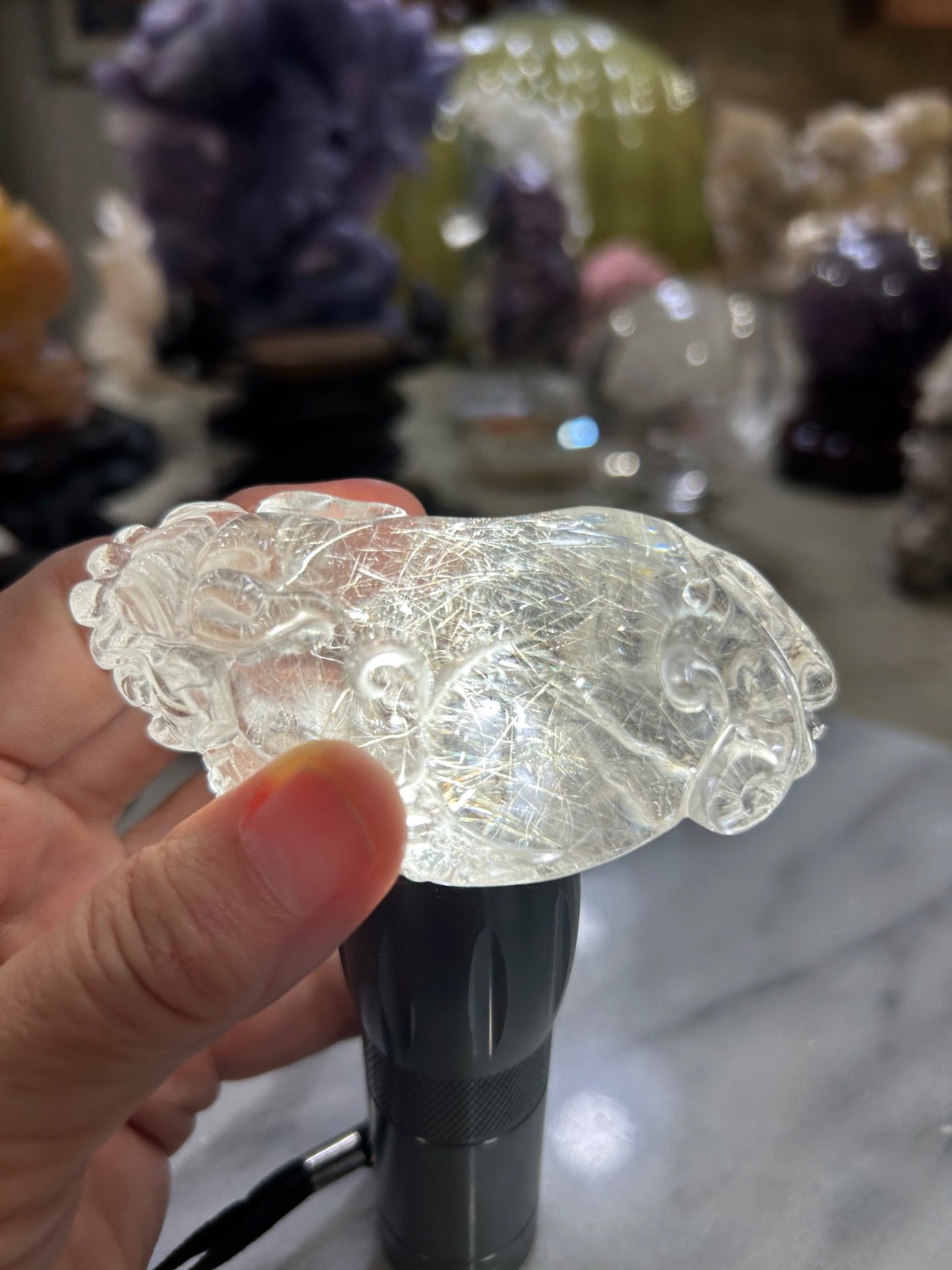 Natural silver thread Rutilated quartz Crystal pixiu Dragon