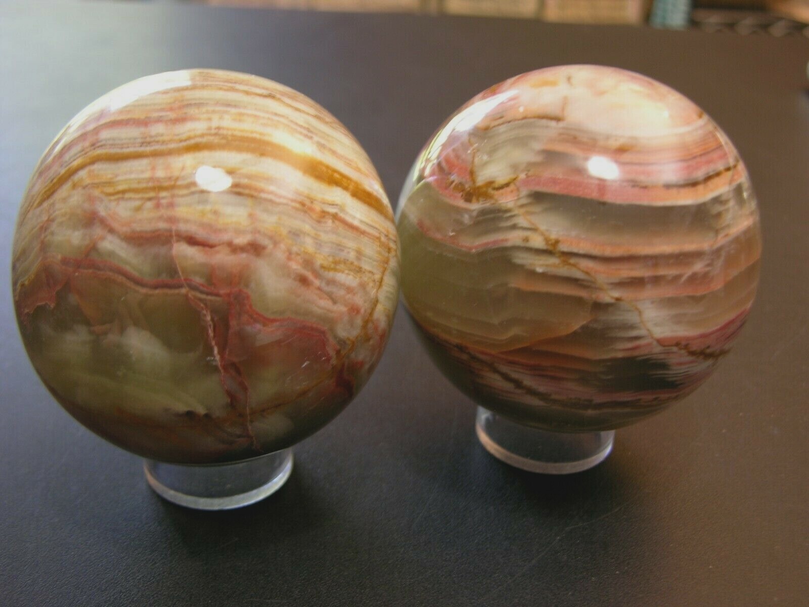 Banded onyx spheres 3 inch diameter with stands 2 sphere lot os22