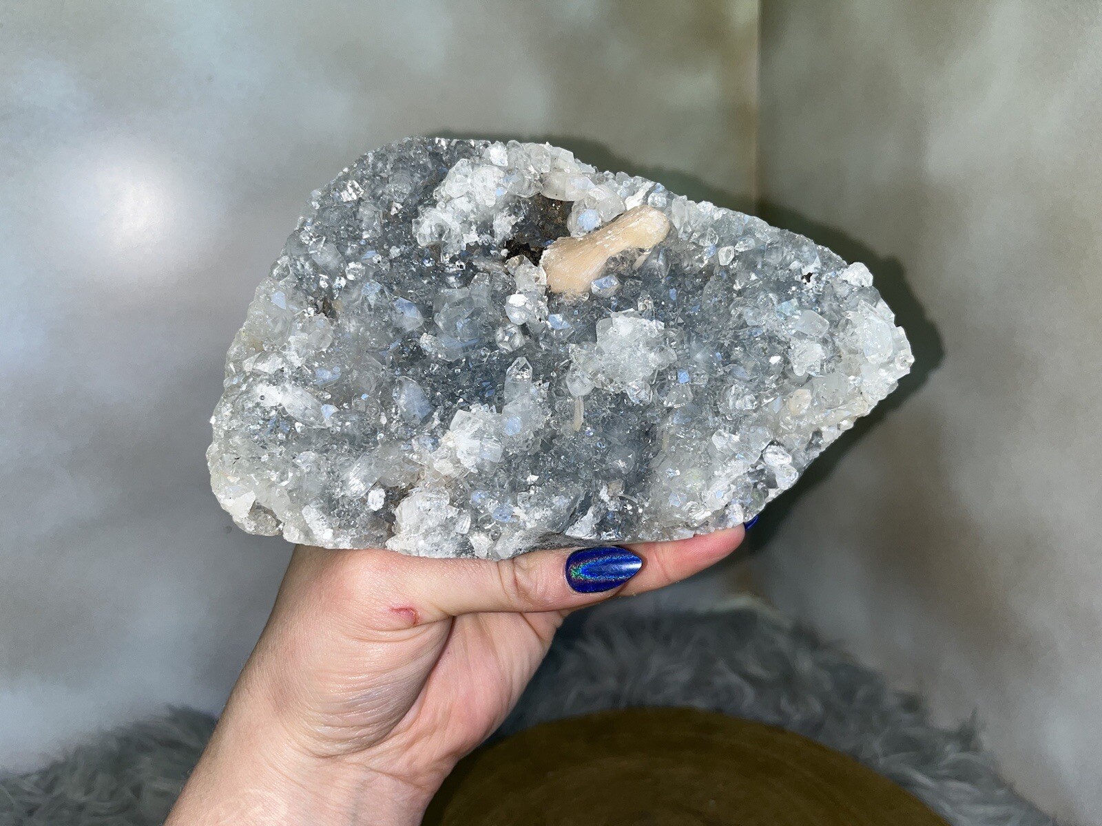 Peach Stilbite on Diamond Apophyllite And Blue/Grey Chalcedony