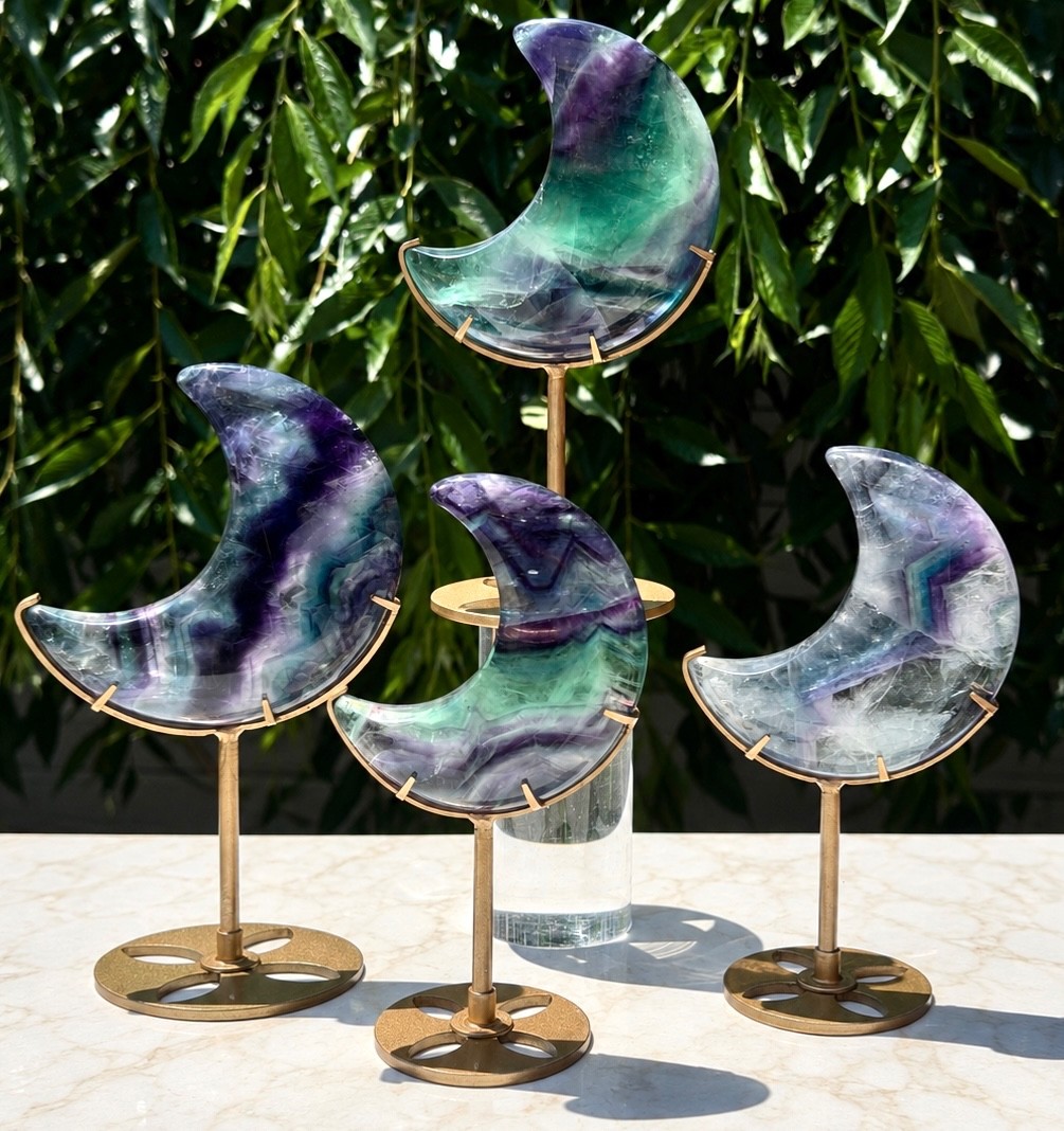 Wholesale Lot 3 Pcs Natural Rainbow Fluorite Moon W/ stand Healing
