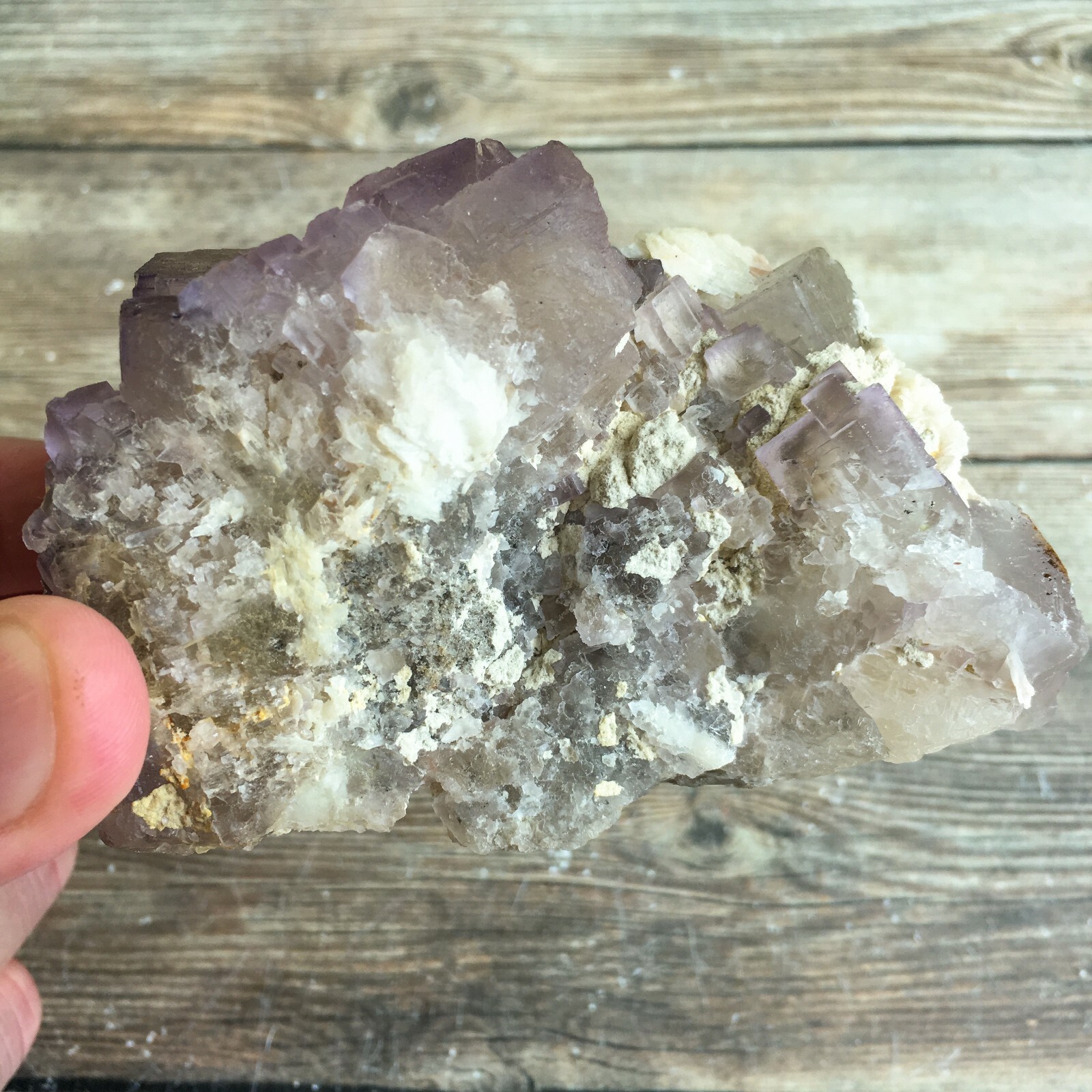 Purple (Lilac) Fluorite Crystal Cluster w/ Baryte: 3.8″ Long; 13.9 oz (394 g);