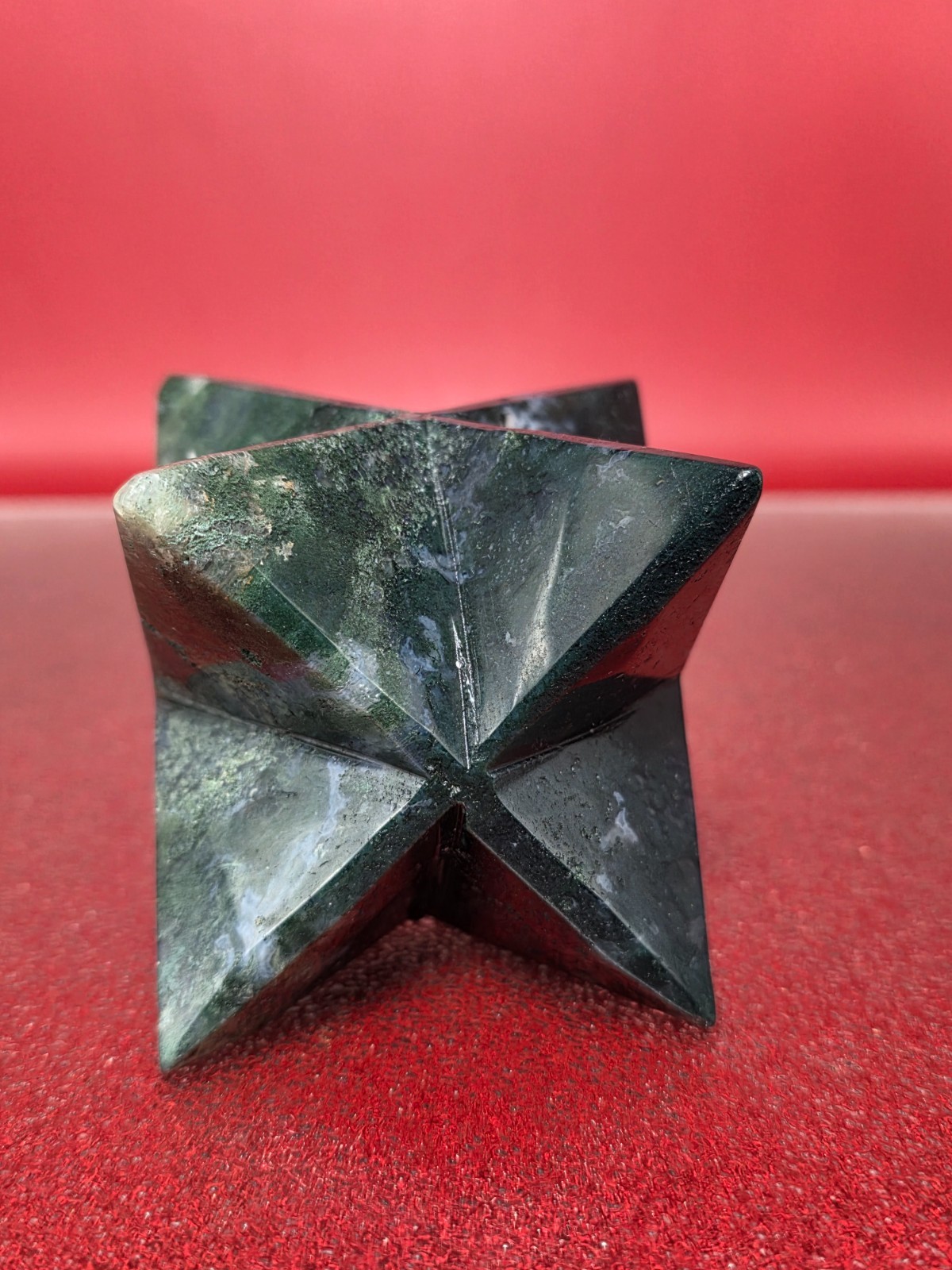 360g Moss Agate 8 Point Merkaba Star Carving Crystal Sacred Geometry Healing