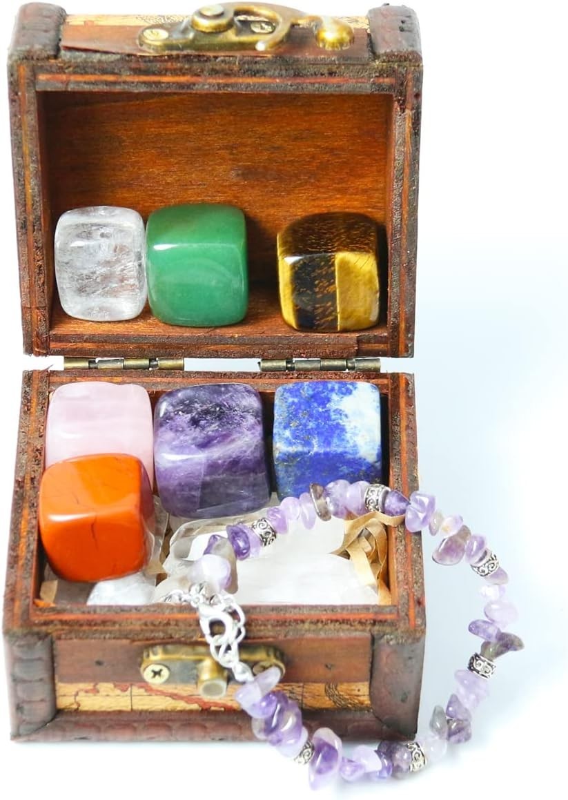 Elegant Healing Crystals & 7 Chakra Stones Set in Wooden Box – Gift for Women