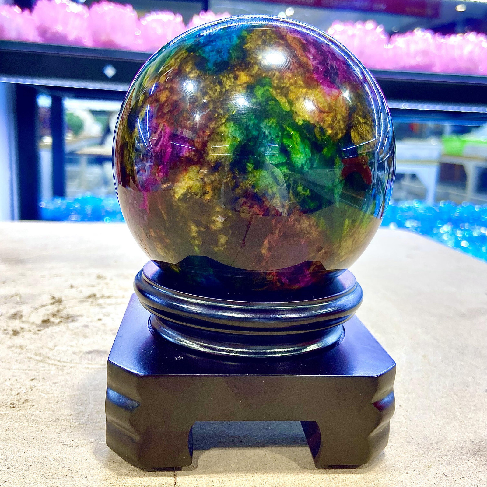 3.35LB Natural “Seven Colors Jade” sphere quartz polished ball decor gift+stand