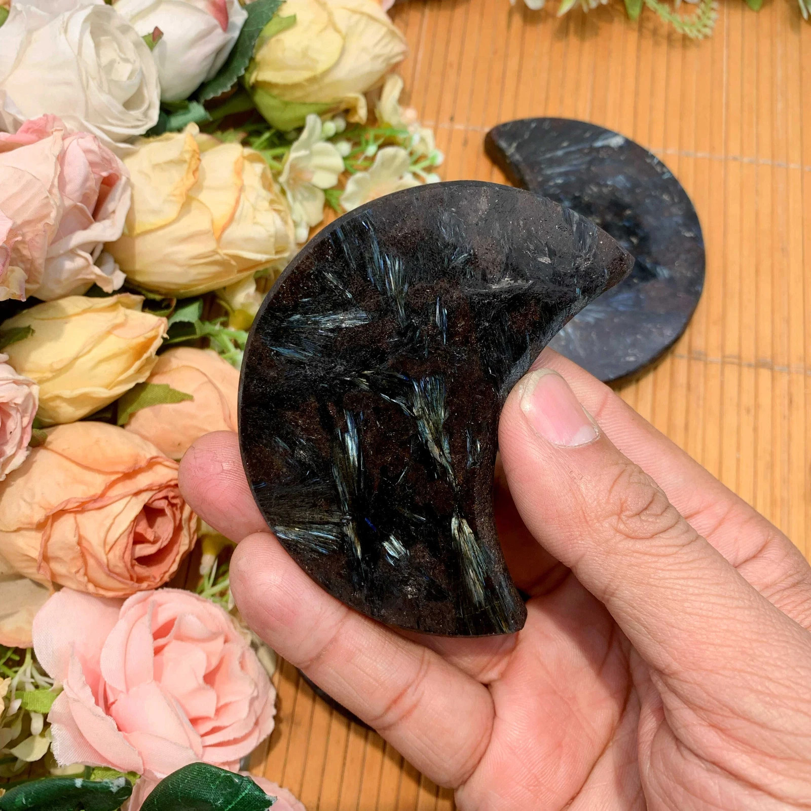Arfvedsonite Moon Shape Stone Astrophyllite Worry Crystal Healing Energy Decor