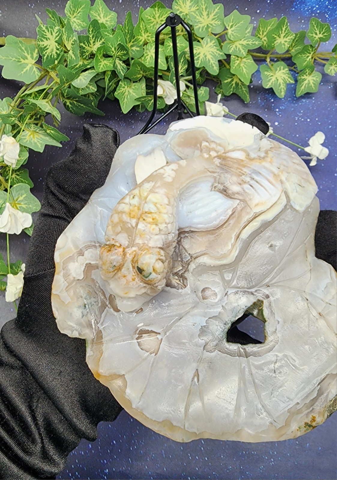 Flower Agate Koi Fish On Lily Pad Carving Unique Handcrafted Crystal Art /Stand