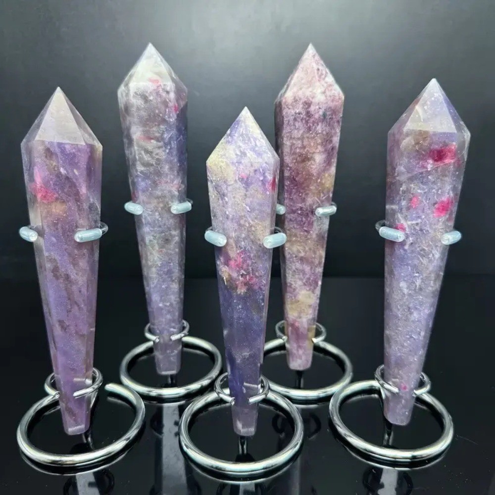 Natural Pink Tourmaline Quartz Crystal Wand Tower Healing Stone Decor + stand