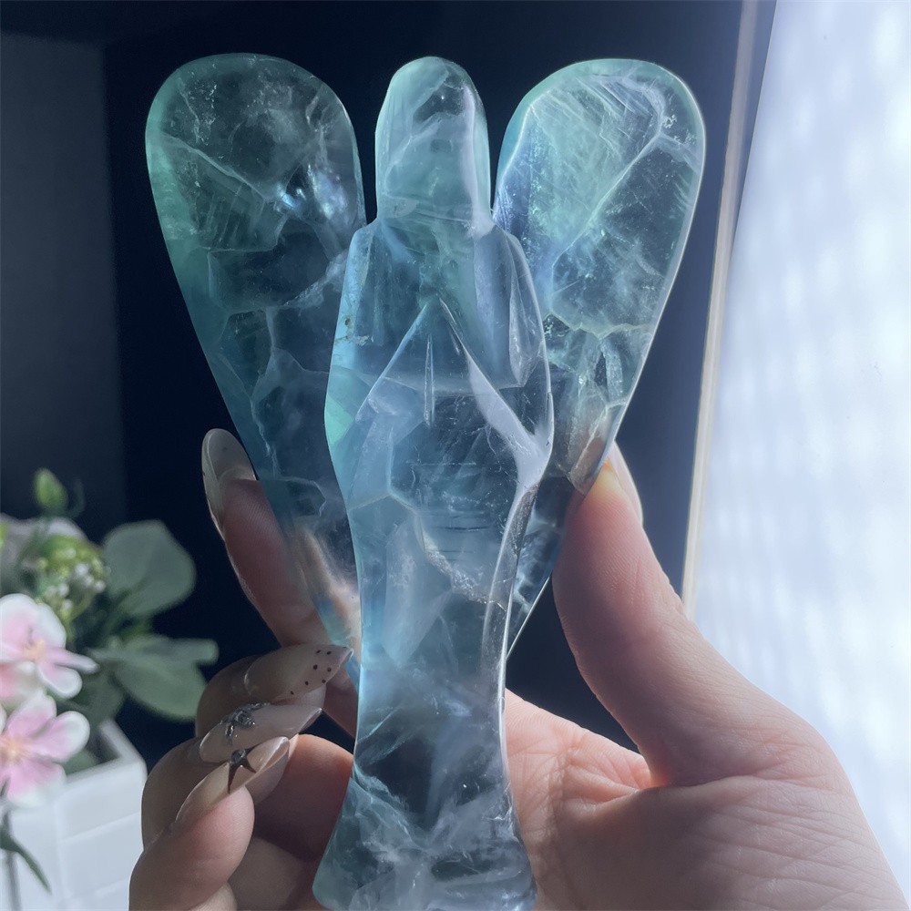 0.8LB 5.1″ Natural Rinbow Fluorite Angel Carved Crystal Mineral Quartz Decor