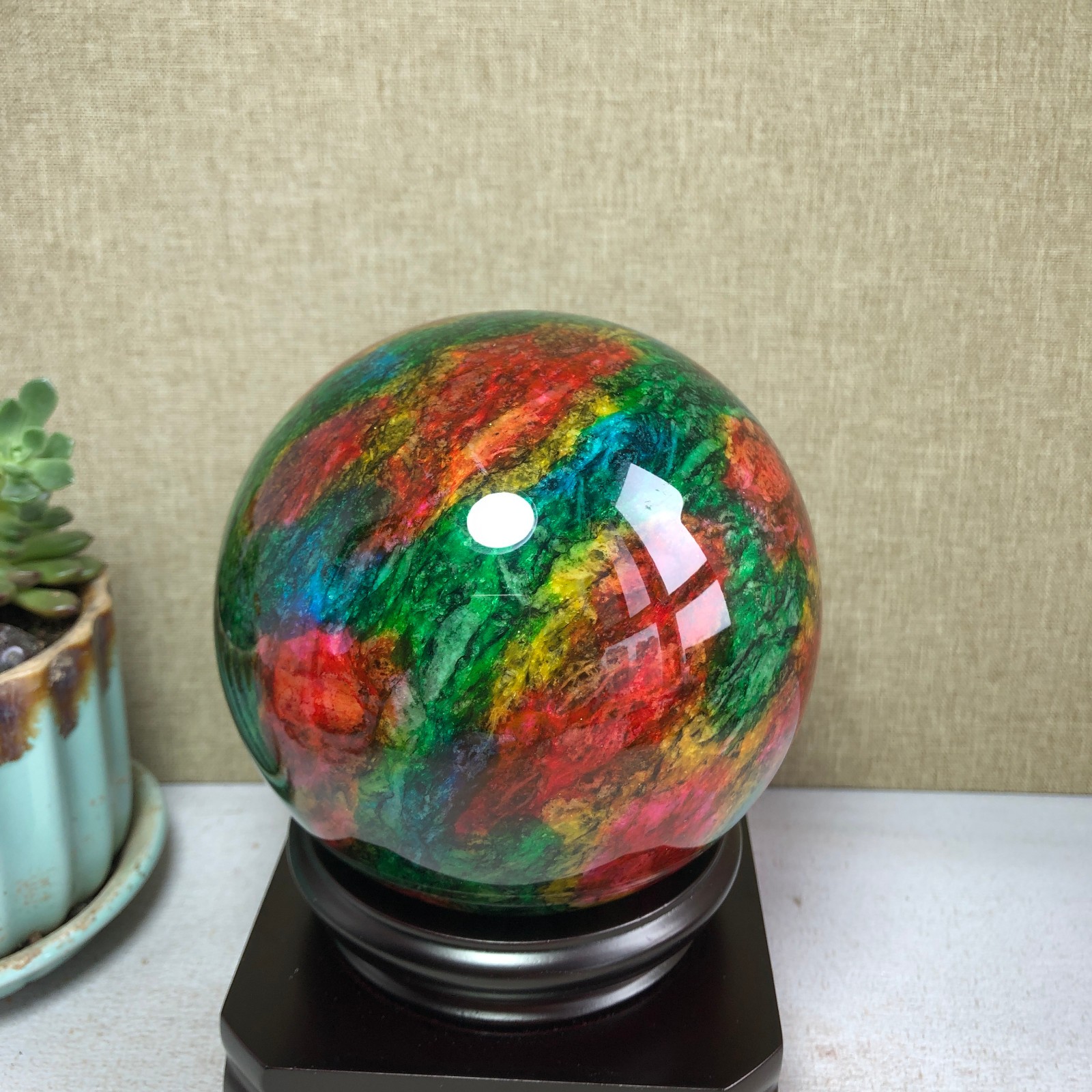 Natural “Seven Colors Jade” sphere flat bottom specimen Taiwan China 99mm A4581