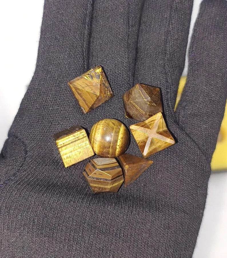 High-Quality Tiger Eye Platonic Solids Geometry Set 7 Pieces with Premium Box.