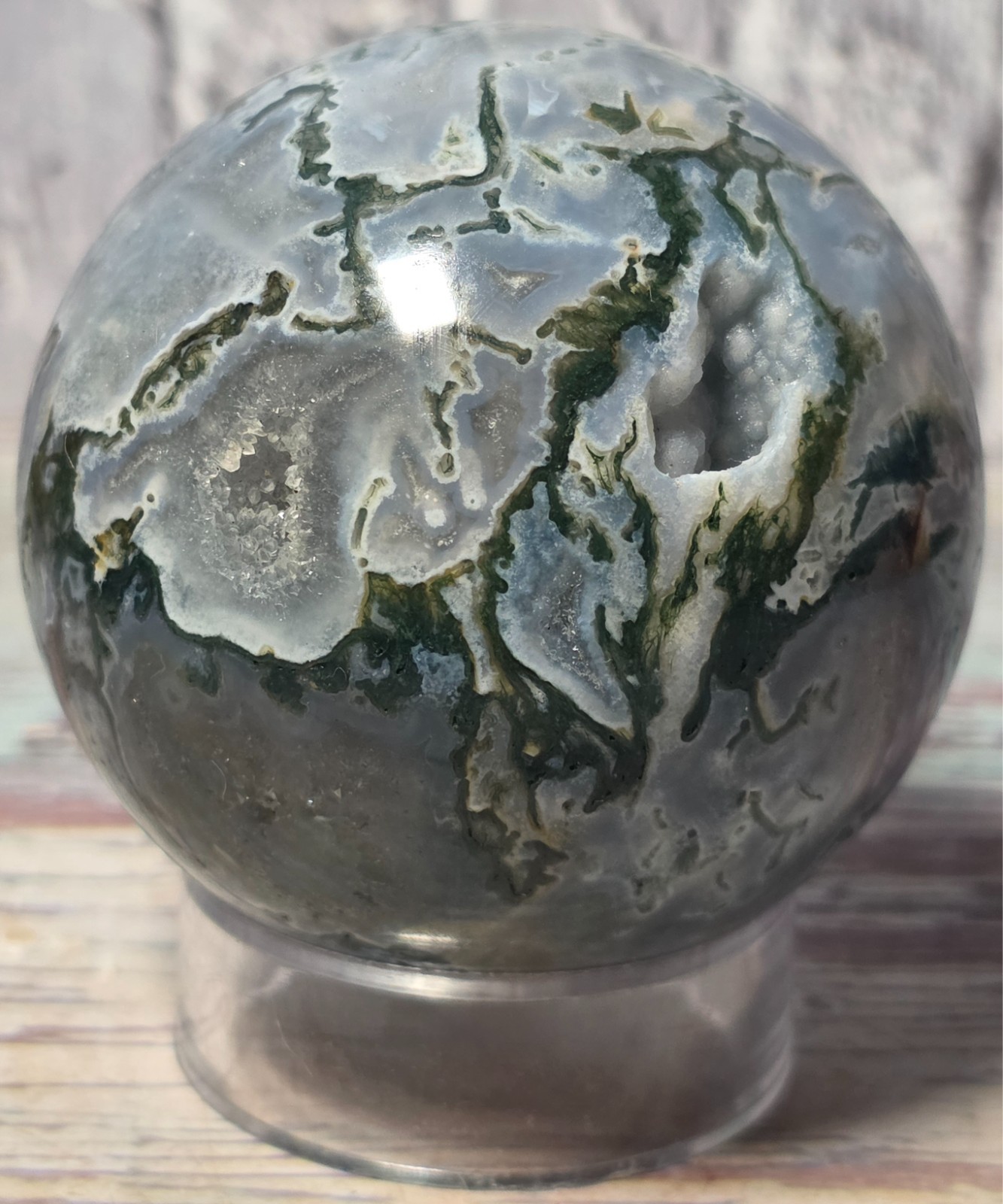 4 Crystal Sphere Display Set Moss Agate Bronzite Rose Quartz Quartz Wood Stand