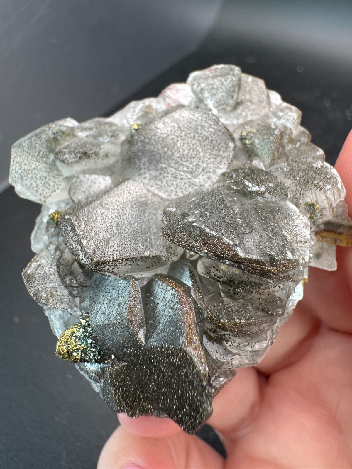 6703 Rainbow Chalcopyrite on Gray Benz Calcite Fu Jian 55g