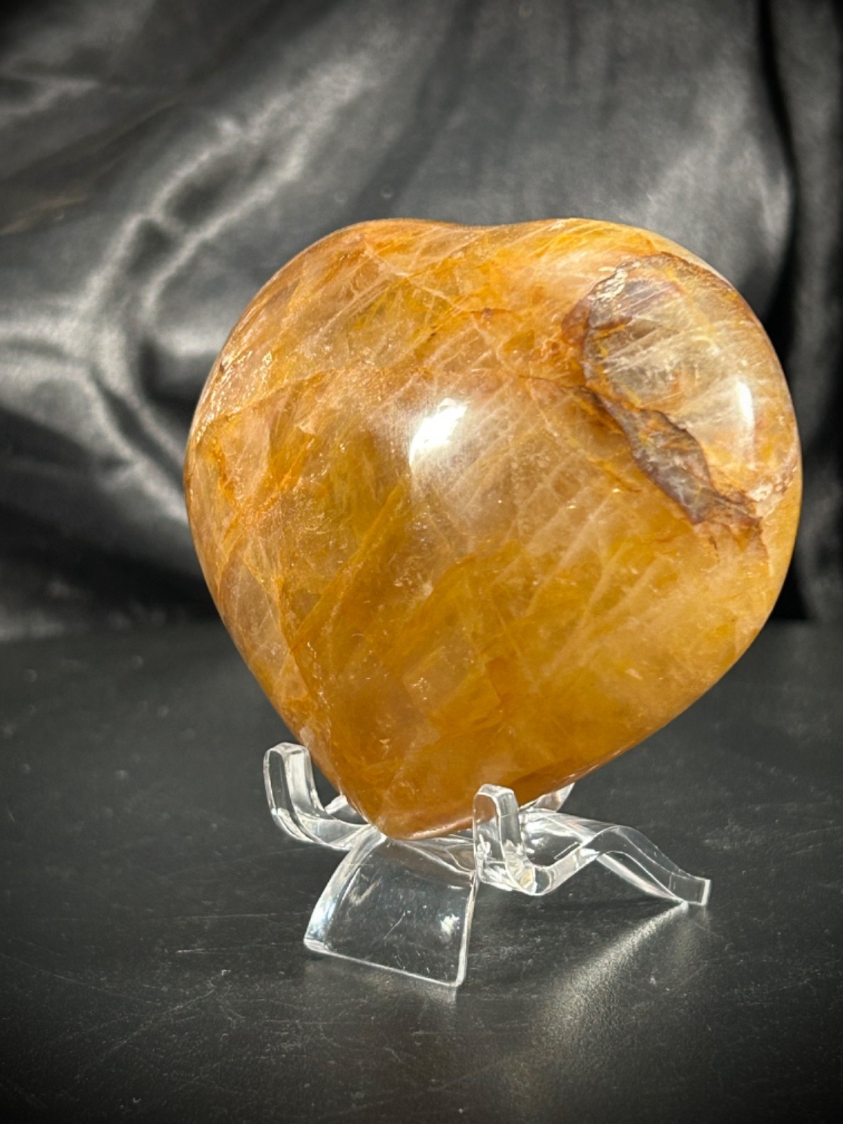 2.71″ Hematoid (Golden Healer) Quartz Heart With Acrylic Stand 7oz (198 grams)
