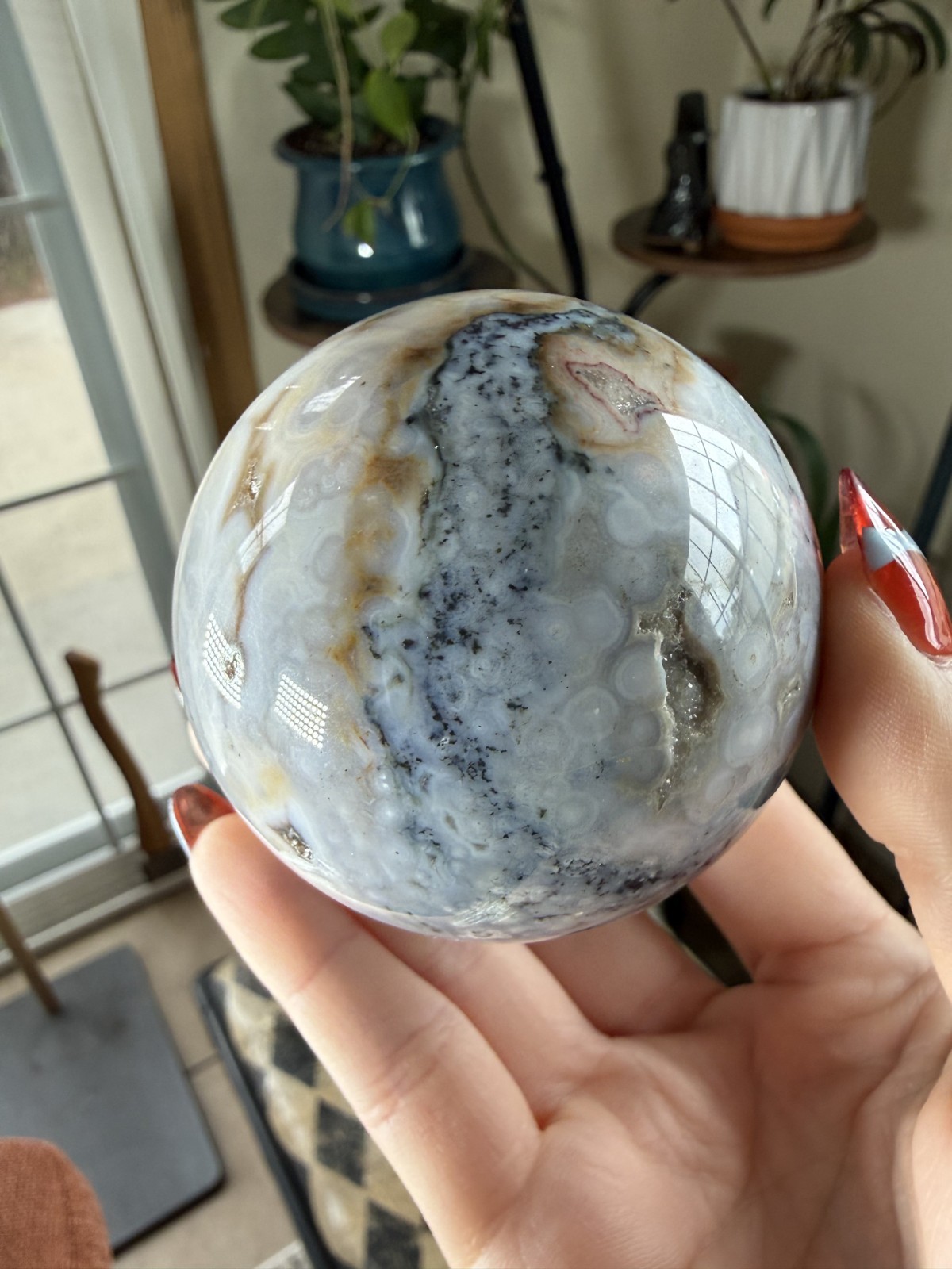 8th Vein Ocean Jasper Sphere – Blue, White, Brown & Green Orbs – 11.43 oz
