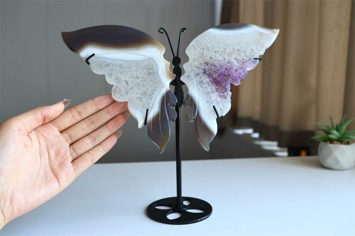 650g Natural Geode Agate Carved Butterfly Wing Reiki Crystal Decor Gift + Stand