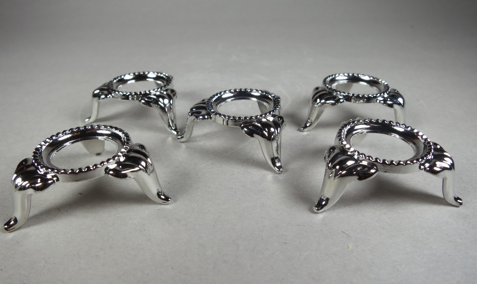 SET OF 5 SMALL NICKEL Sphere/Egg DISPLAY STANDS – SILVER