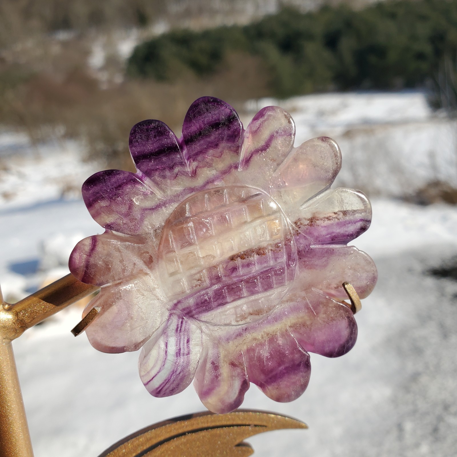 Purple Fluorite Crystal Sunflowers On Metal Stand 3 Flowers