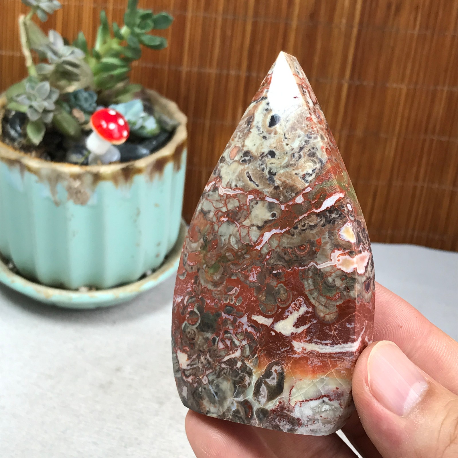 Natural money Mexico agate hand carve leaf Crystal Specimen free standing A6267