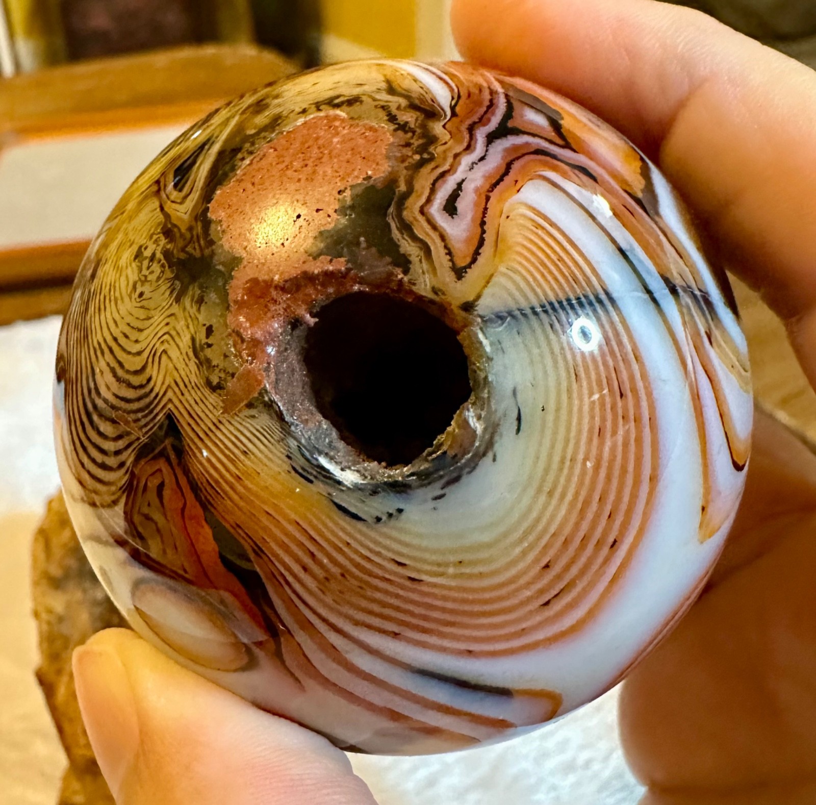 Fantastic carnelian red crystal sphere with natural wooden stand Free shipping!
