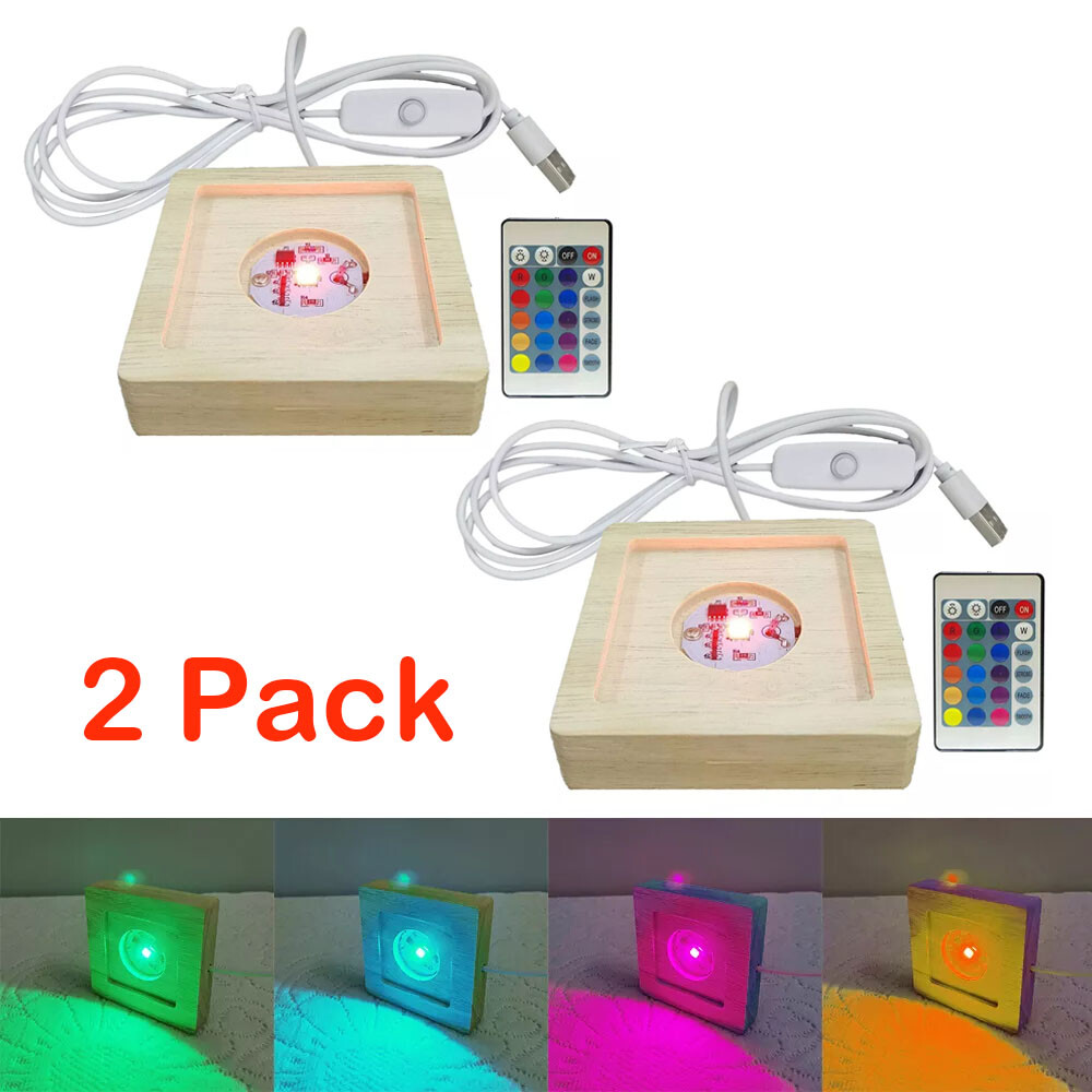 2pc USB LED Adjustable Light Square Solid Wood Base Holder Crystal Craft Display
