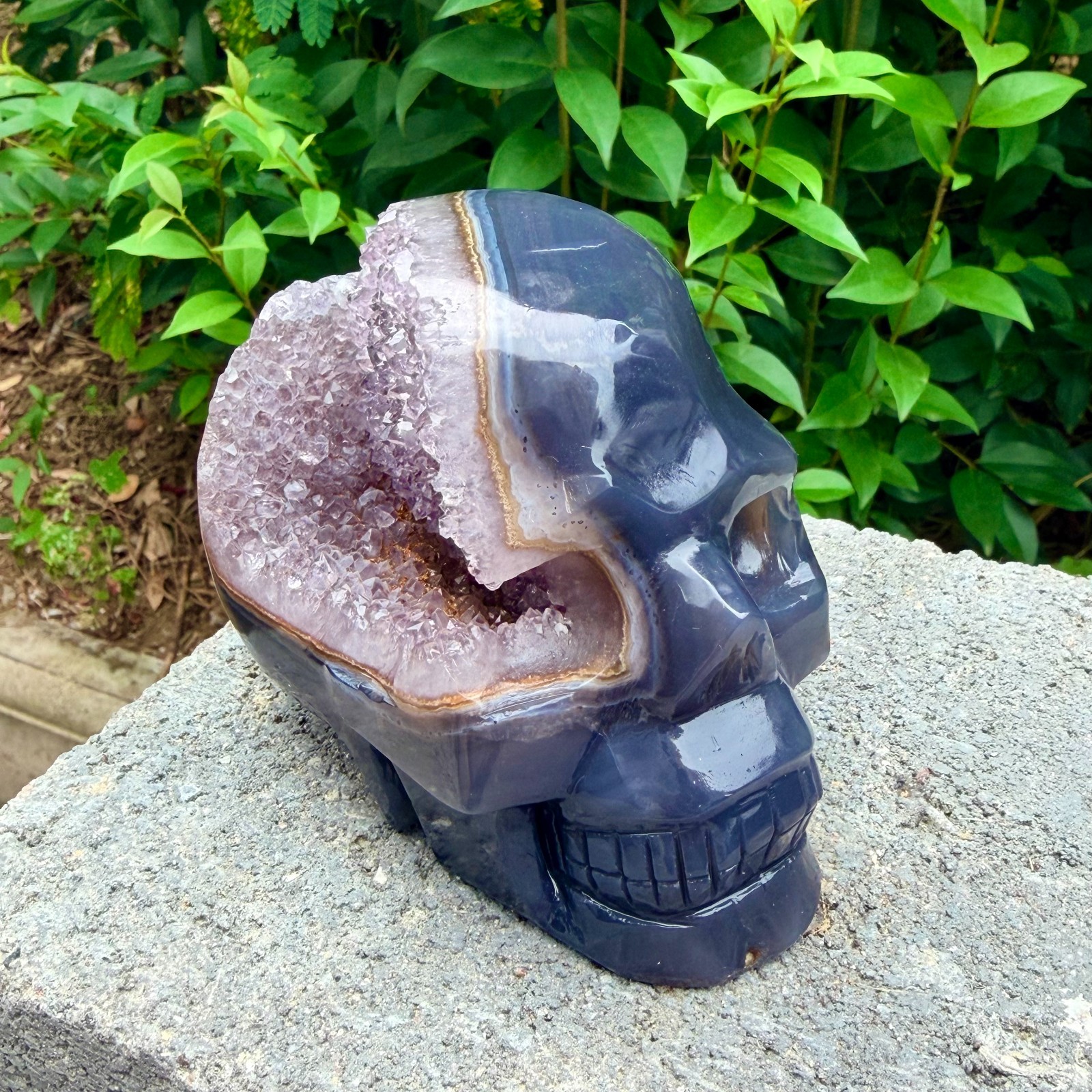 2.33lb Amethyst agate crystal cave skull, Rare hand carved skull specimen