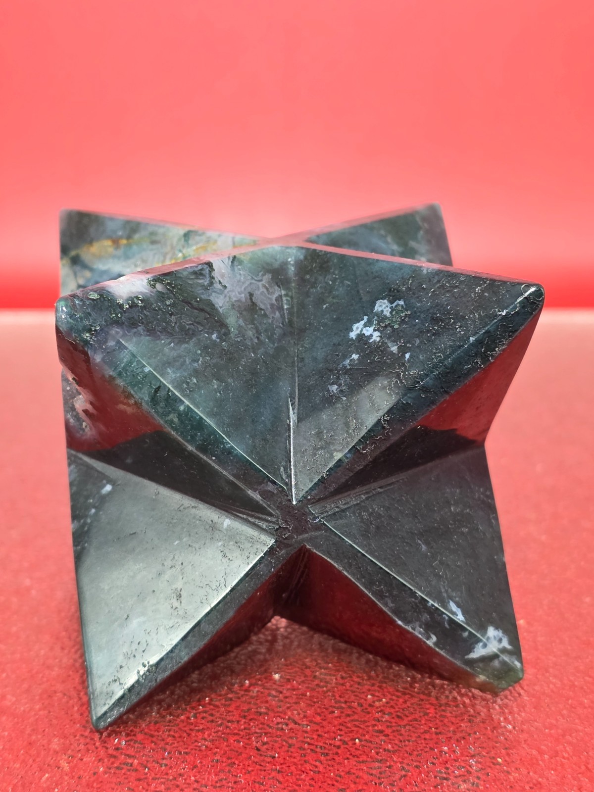 423g Moss Agate 8 Point Merkaba Star Carving Crystal Sacred Geometry Healing
