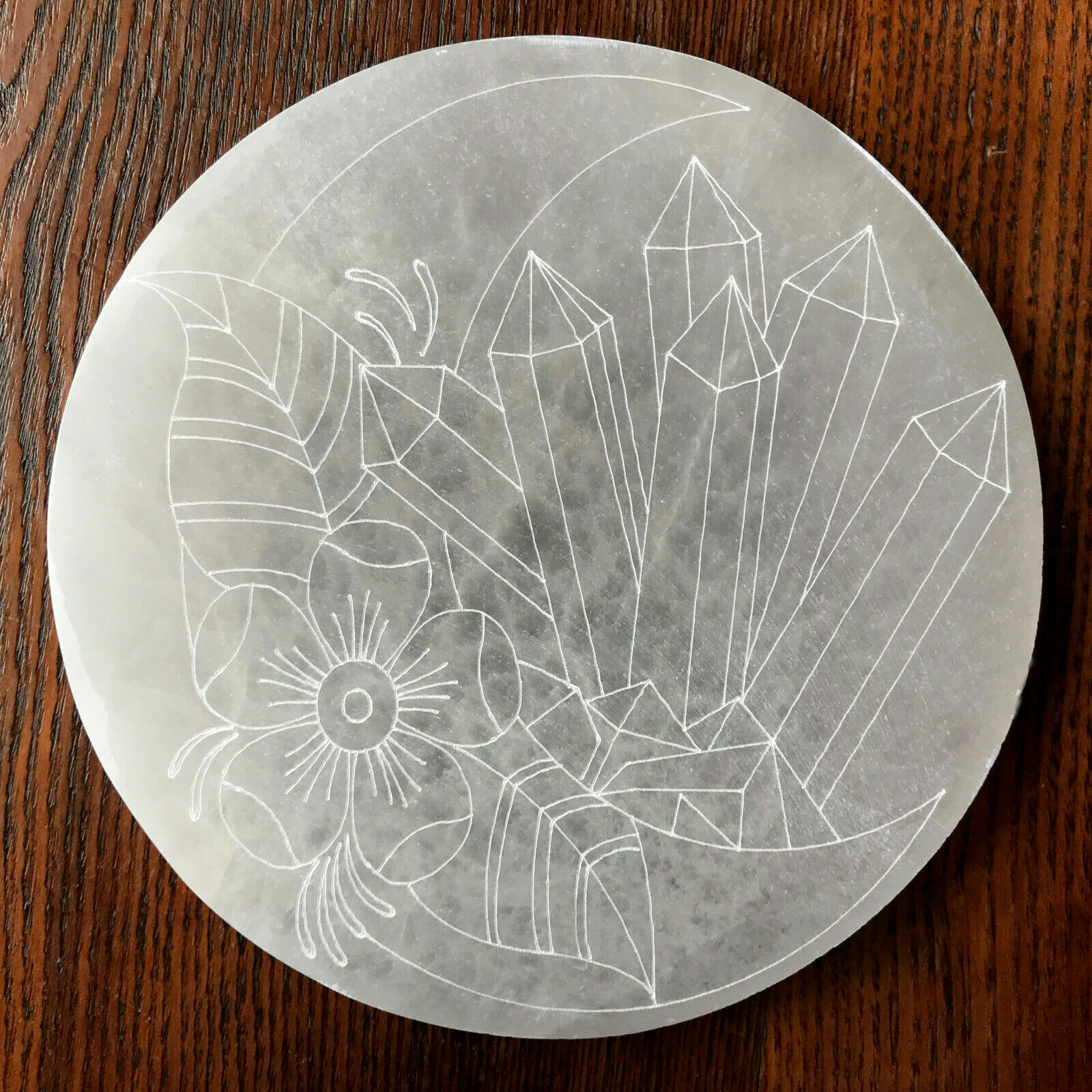 XL Selenite Charging Plate ” Moon Flower Engraved Crystal Round Disc Reiki Energ
