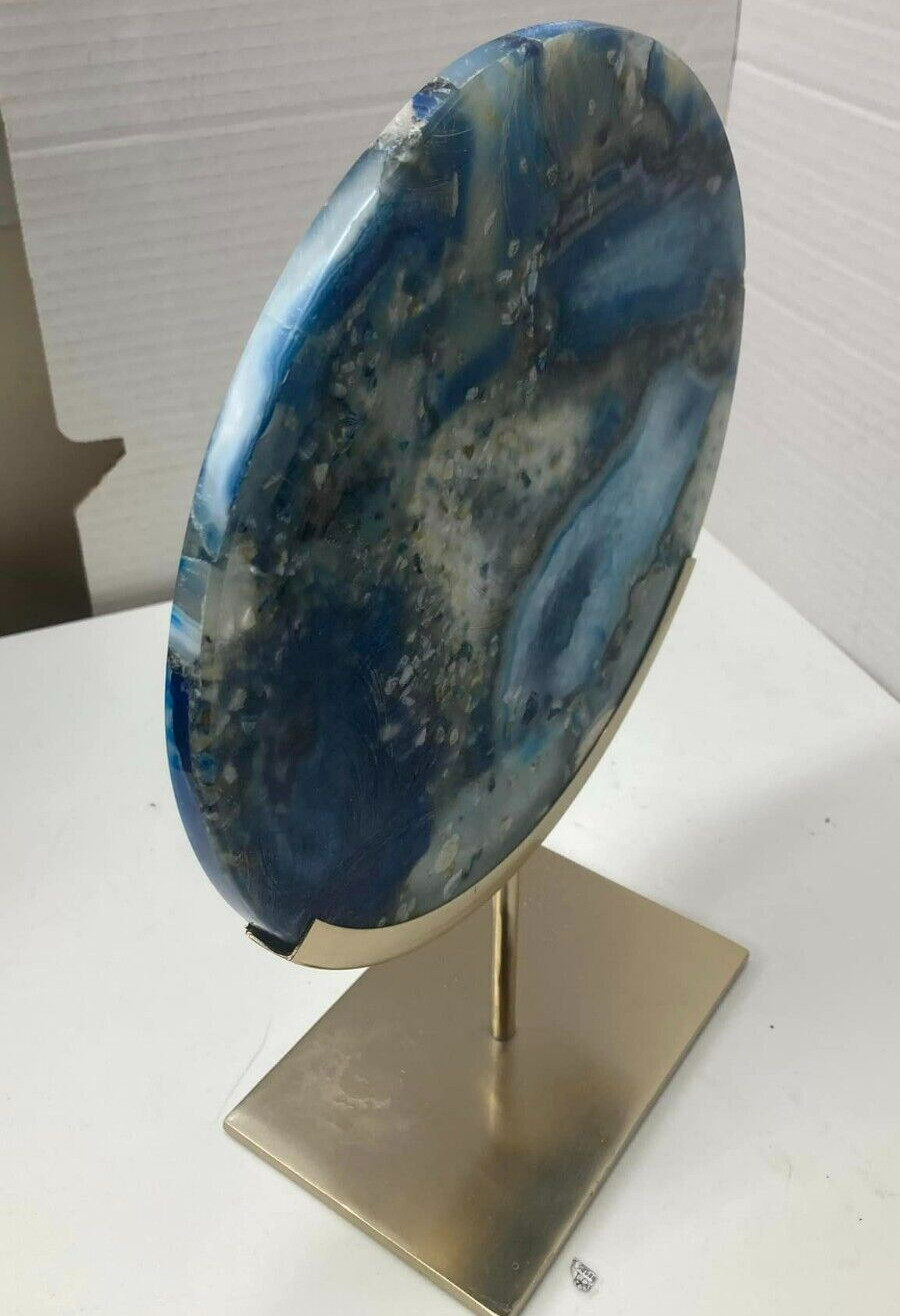 Blue Dyed Agate Slice on Steel Stand 9 Inch Modern Decorative Stone Zodax Style