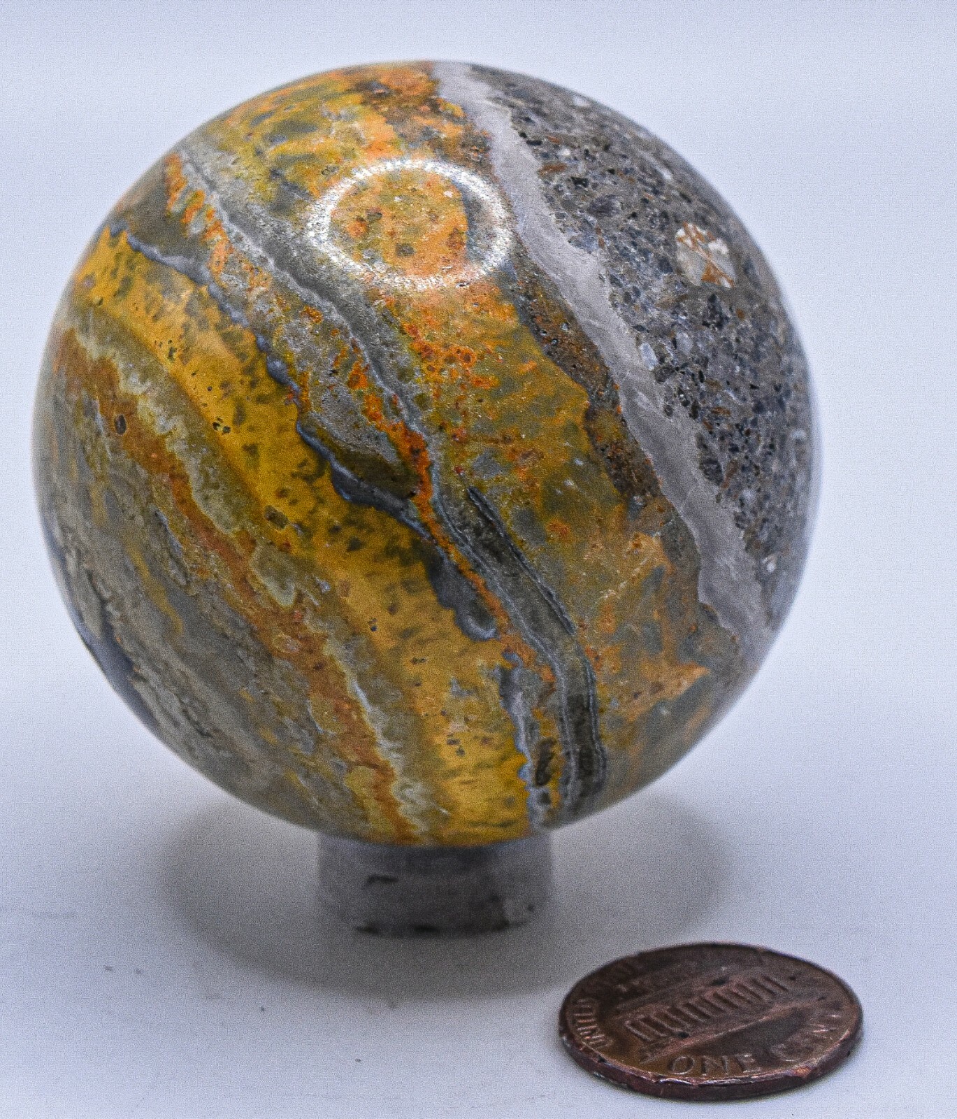 2″ Bumble Bee Jasper Sphere Silverish Orange Layered Gemstone Mineral Indonesia