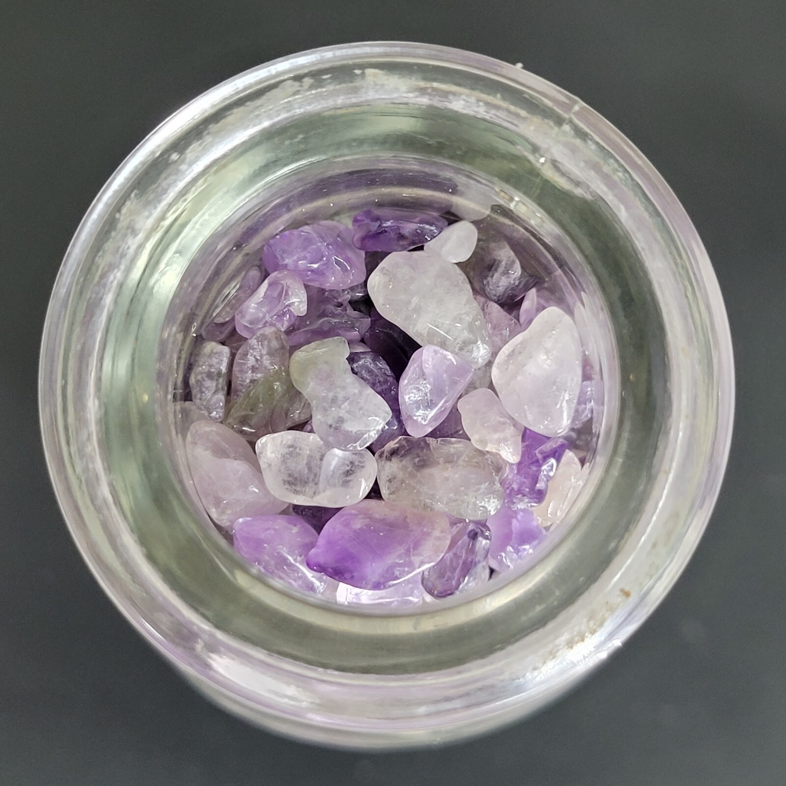 4oz Amethyst Tumbled Crystal Chips in Vintage Apothecary Glass Jar Wagner w/Cork