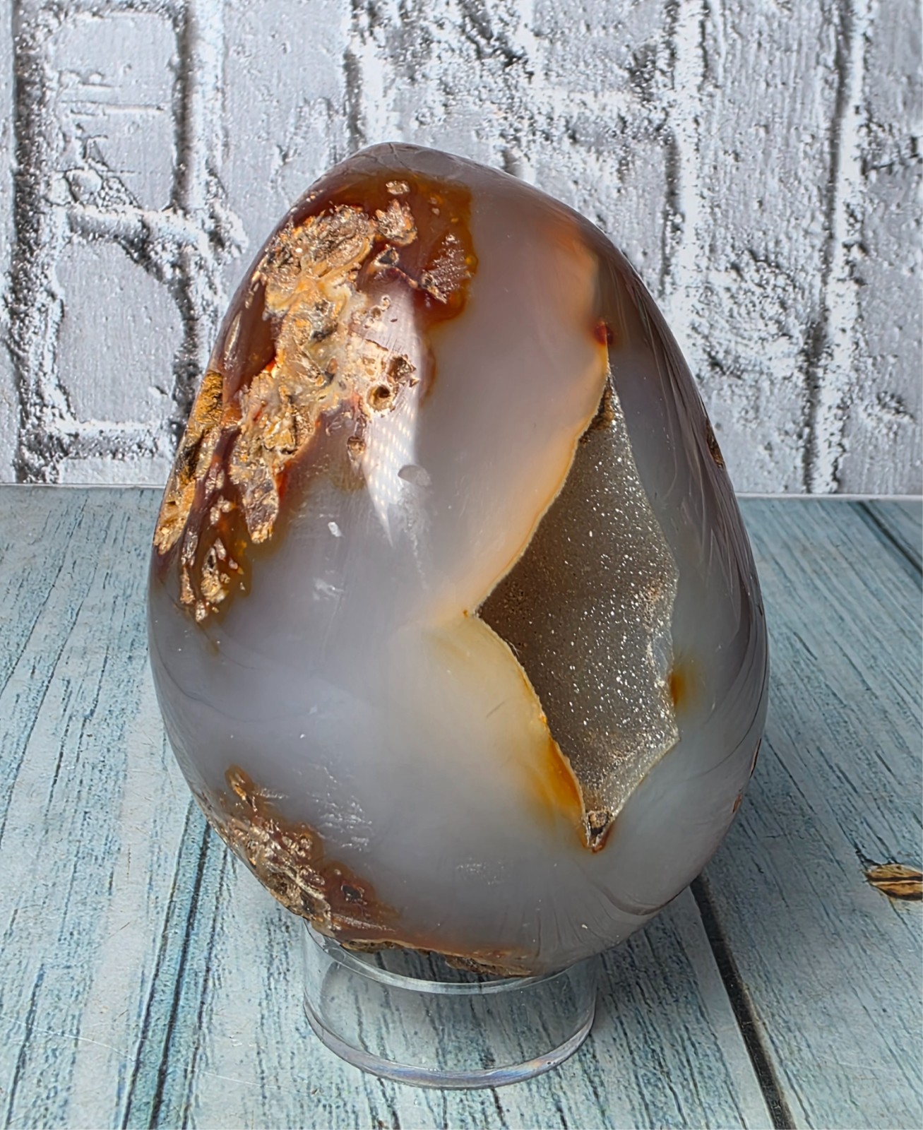 ✨ Druzy Cave Agate Egg – Natural Crystal Inclusions – Polished Stone ✨