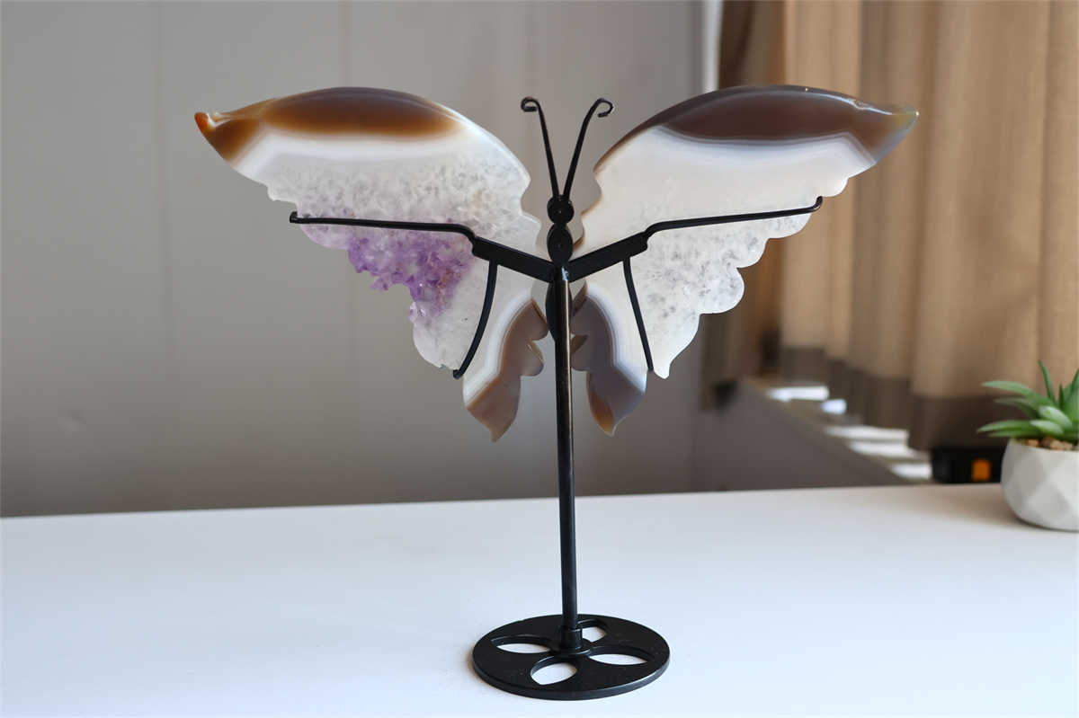 650g Natural Geode Agate Carved Butterfly Wing Reiki Crystal Decor Gift + Stand
