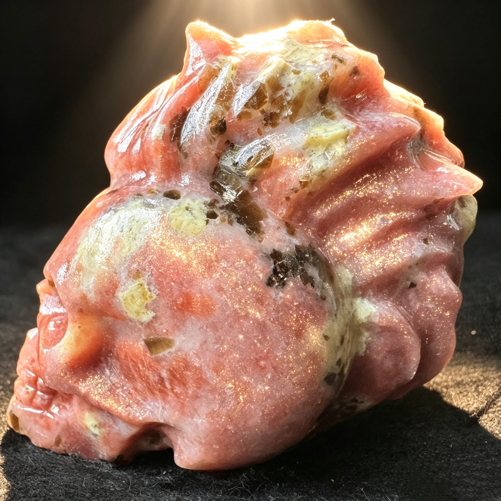 Natural Peach Blossom Tourmaline Skull Carving Figurine Gothic Decor Desk Orname