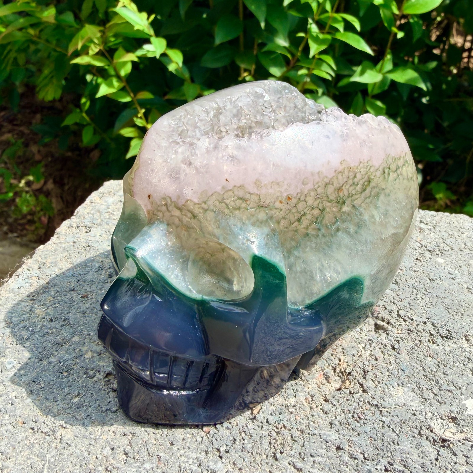 1.53lb Amethyst agate crystal cave skull, Rare hand carved skull specimen