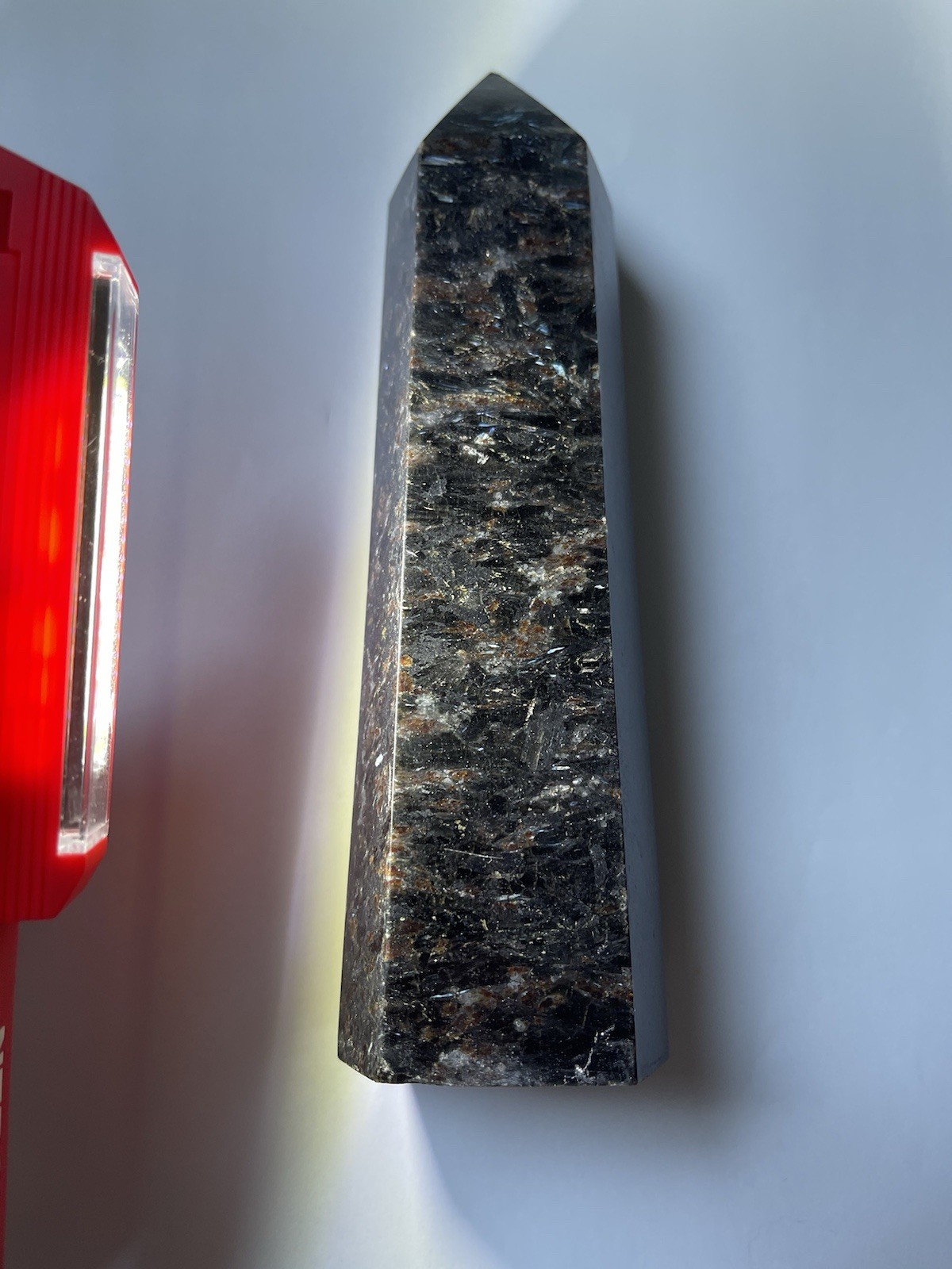 Large Arfvedsonite Crystal Obelisk 7 Inch Flashy Silver Blue Healing Stone Tower