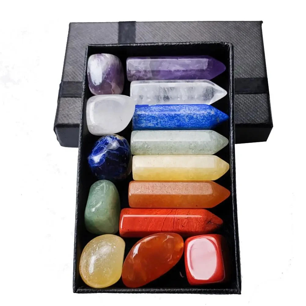 **Natural Stone Crystal Gemstone Chakra Healing Quartz Set Home Decor Gift Box**