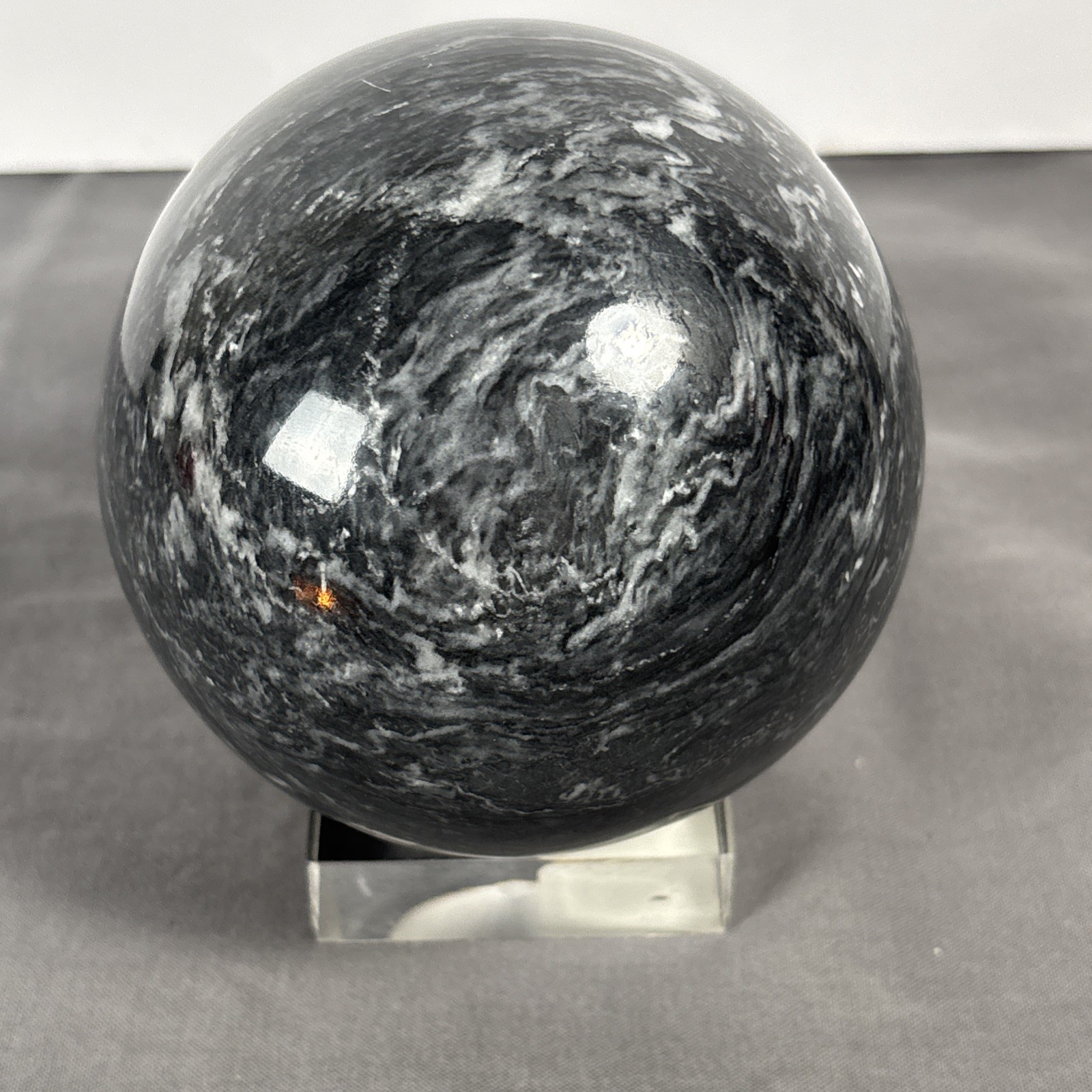 Polished Black Moonstone Large Sphere on Clear Acrylic Stand