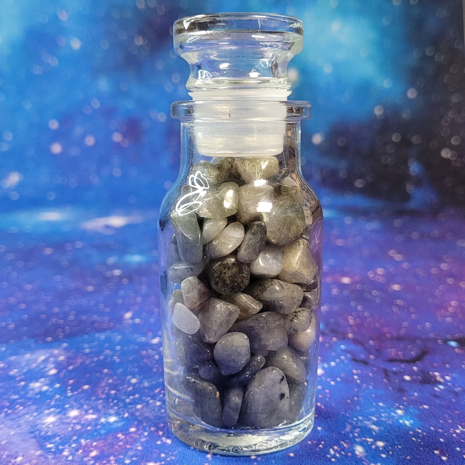 1/4 lb Labradorite Crystal Tumbles in Vintage Apothecary 4oz Glass Jar Witchy