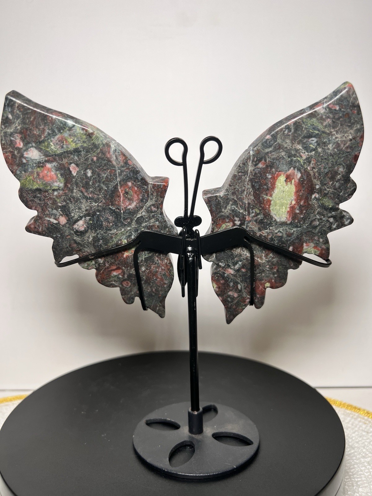 Plum Blossom Jasper (black amygdaloidal andesite) Wings W/Holder