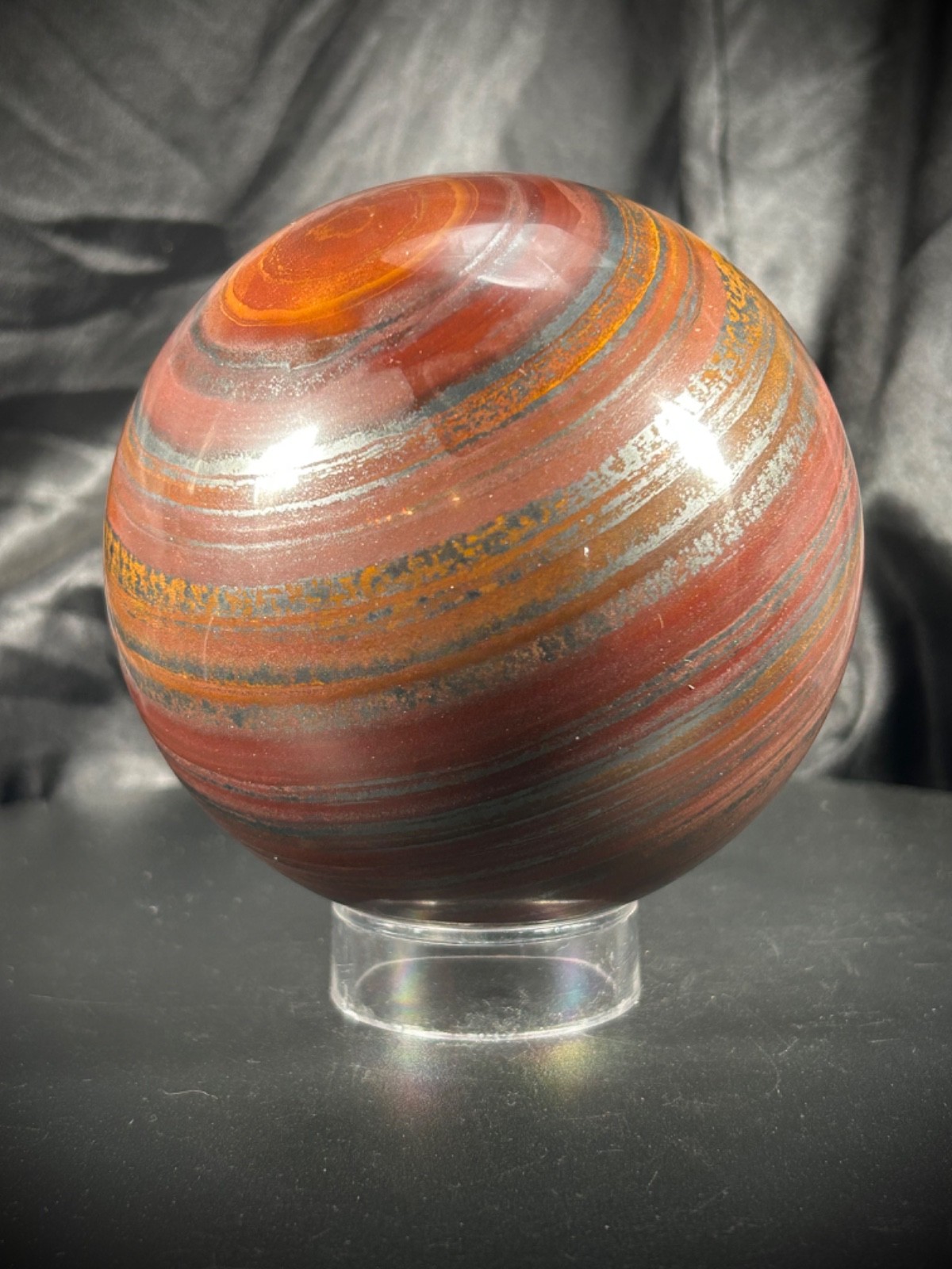 4.05″ Tiger Iron (AKA Mugglestone) Sphere With Acrylic Stand 4lb 5.5oz (1.968KG)